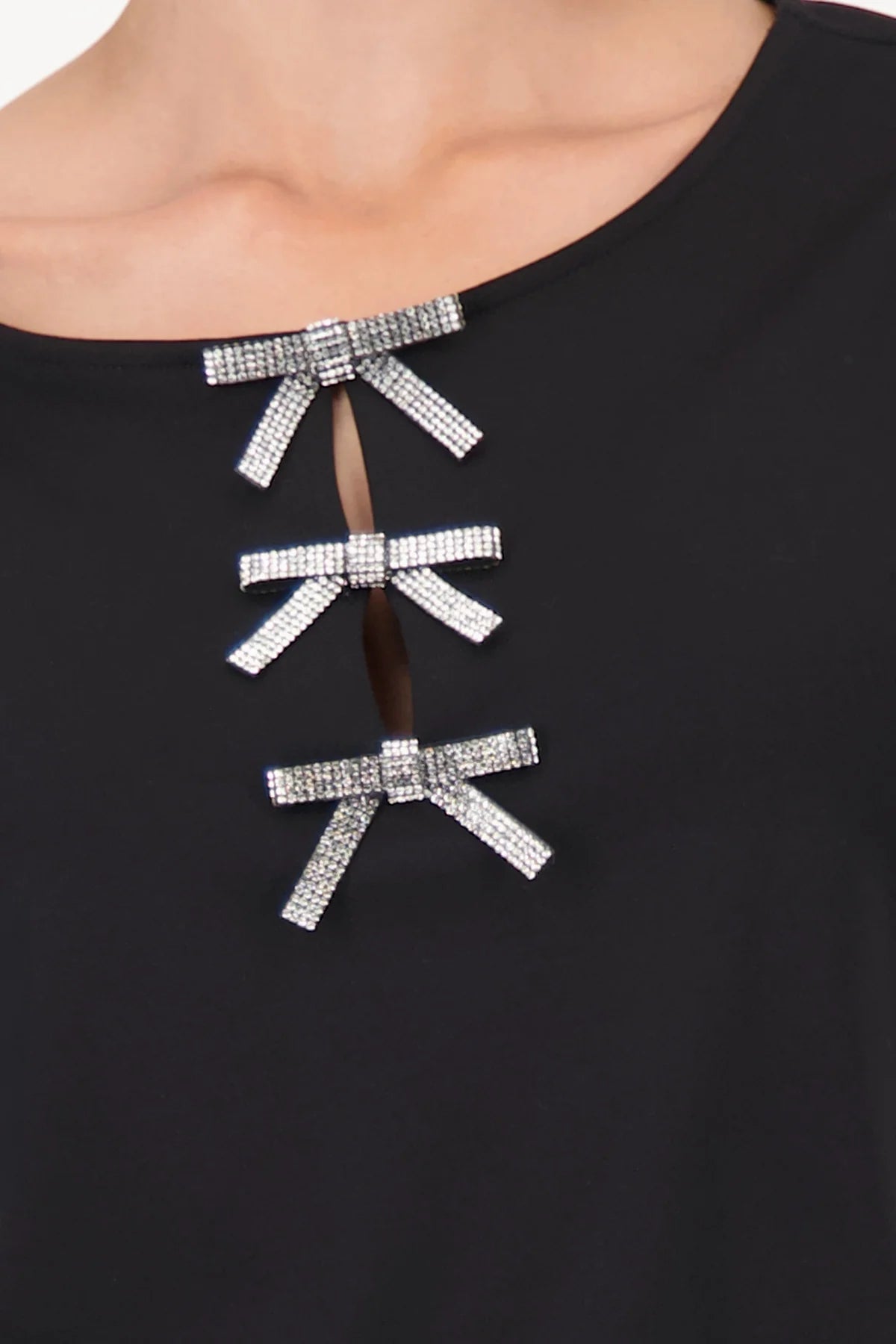 Monari - Bow Short Sleeve Diamante Black Top