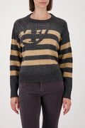 Monari - Striped Melange Grey/Camel Logo Jumper
