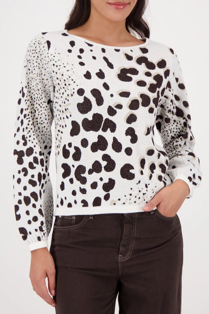 Monari 410292 Dark Chocolate Jumper With Round Neck Long Sleeves And Animal Pattern