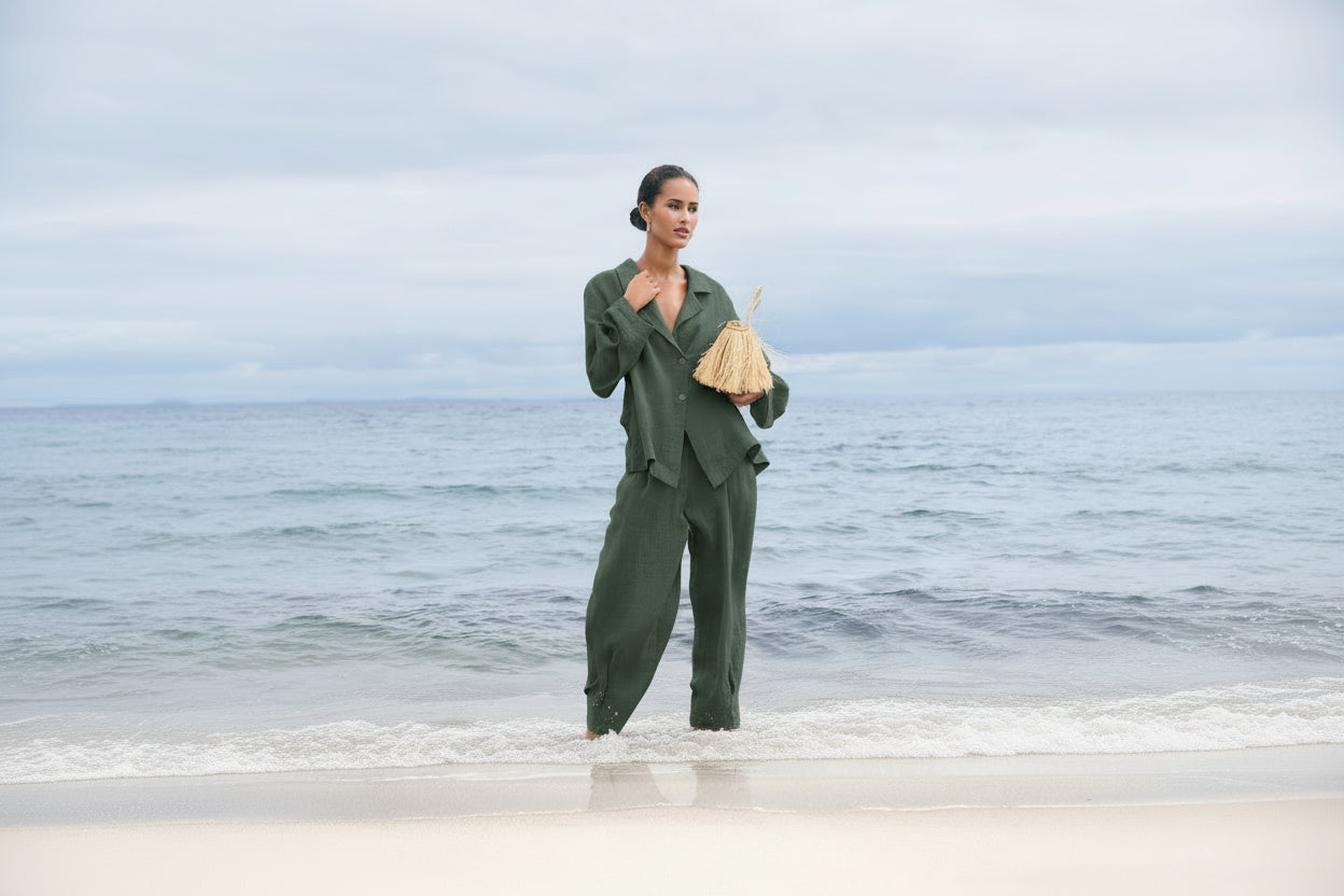 Noen Dark Sage Linen Cuff Wige Leg Trouser 81417