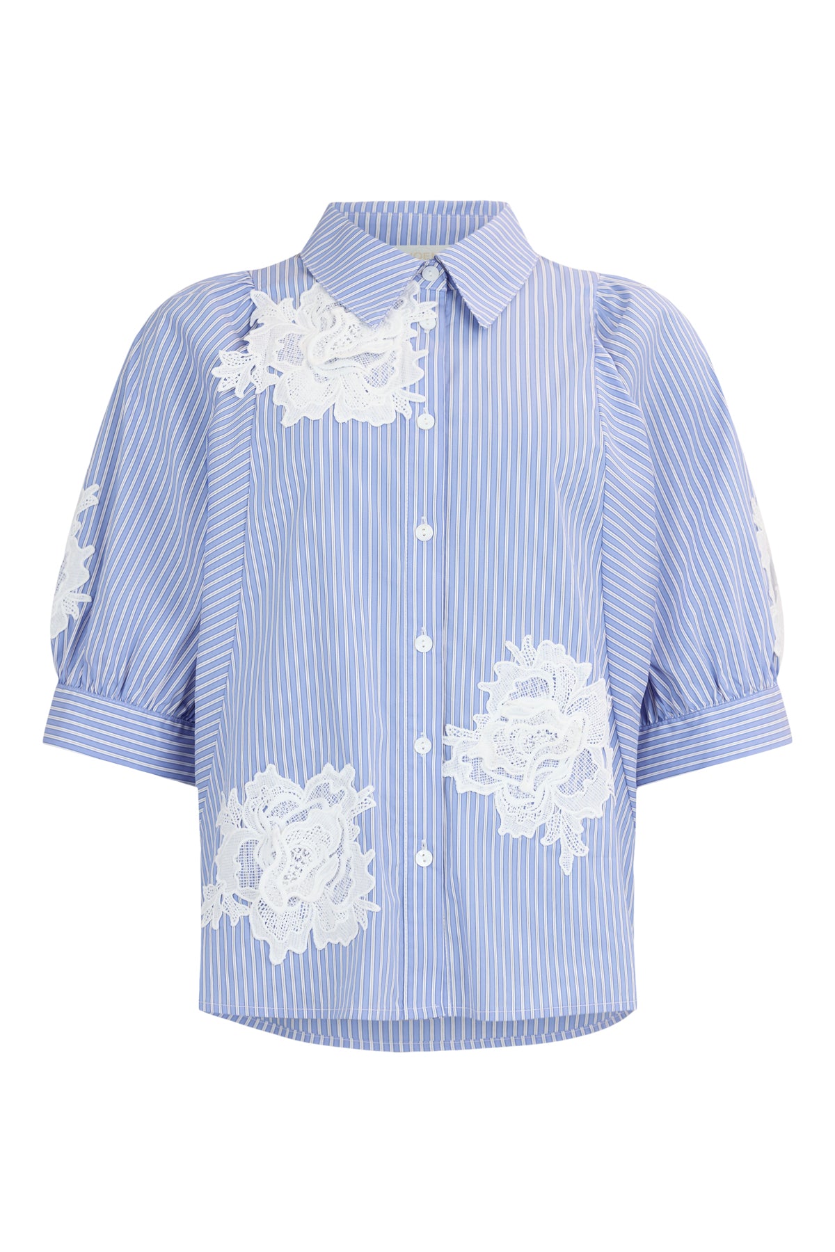 Noen 86287 Blue Striped Blouse With Embroidery Motifs Sleeves