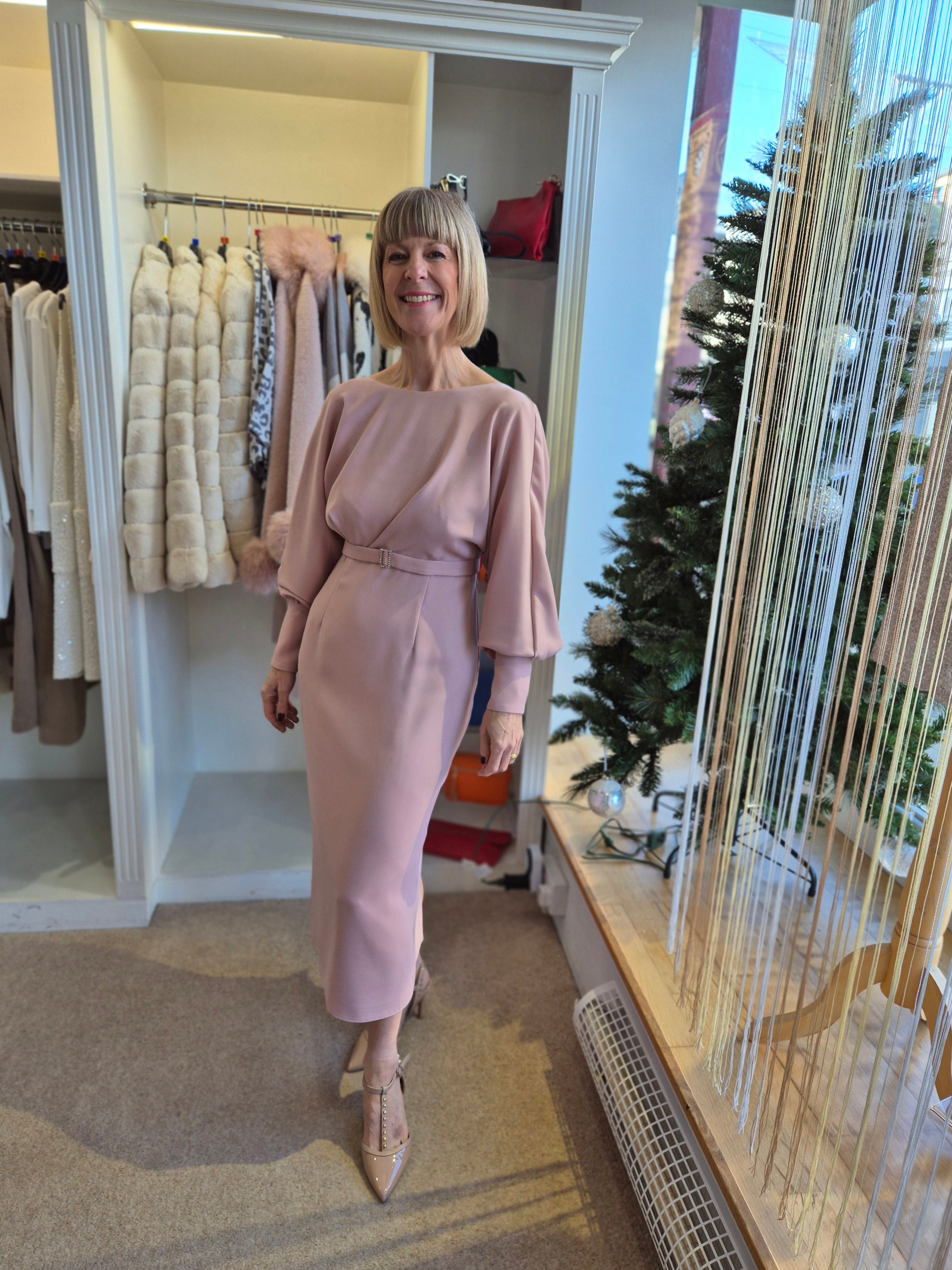 Sonia Pena 1260086A Rose Pink Bell Sleeve Fitted Dress