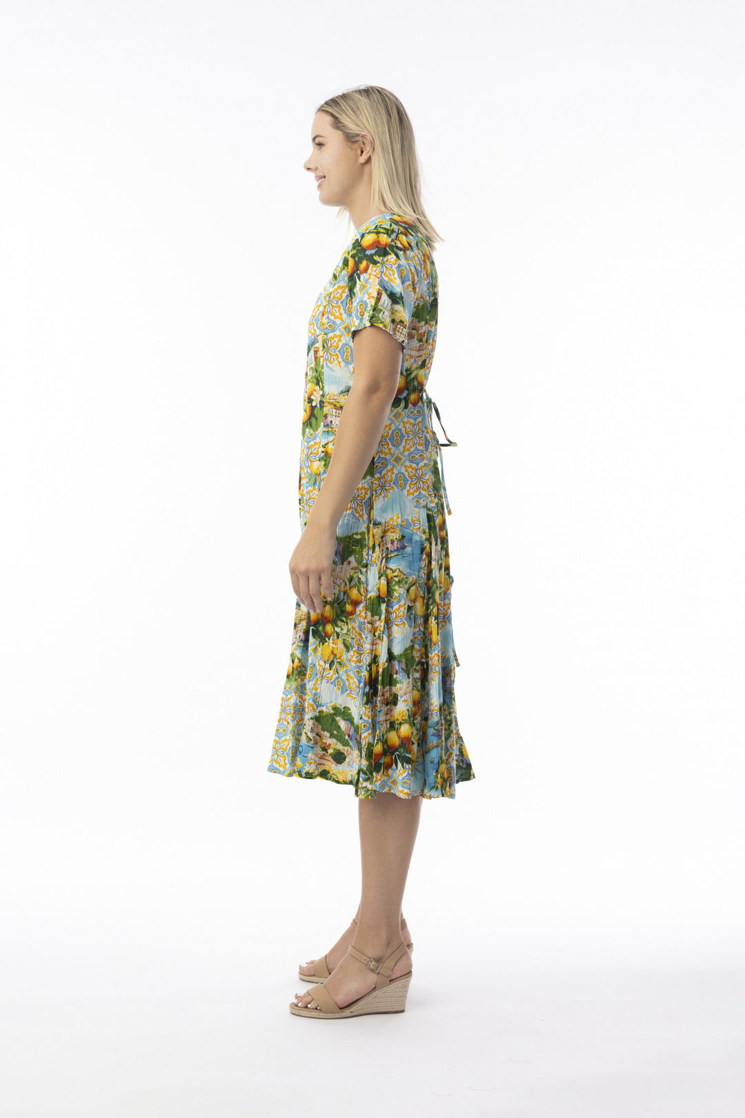 Orientique 30188 Amalfi Print Multi Colour Godet Short Sleevess Dress