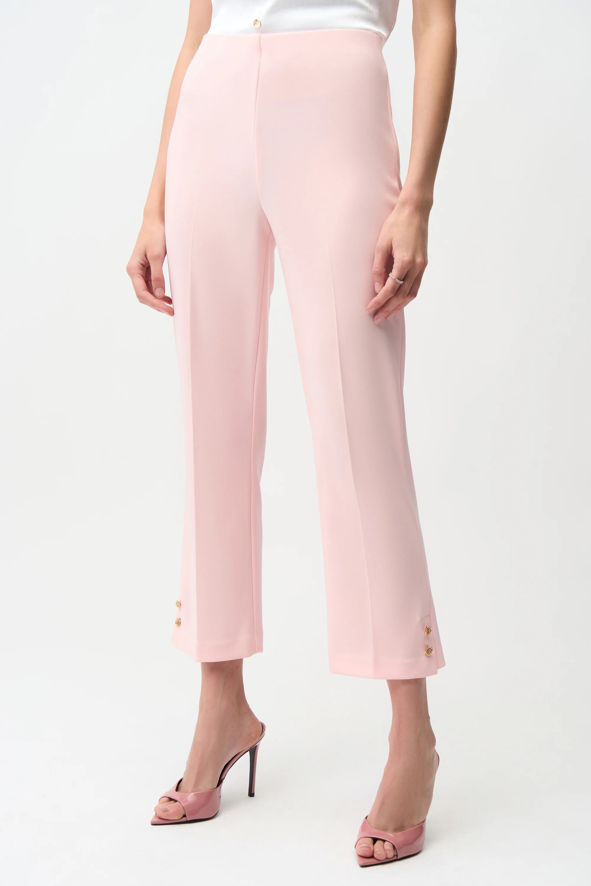 Joseph Ribkoff 261254 Silky Pink Knit Crop Pull-On Pants With Gold Buttons