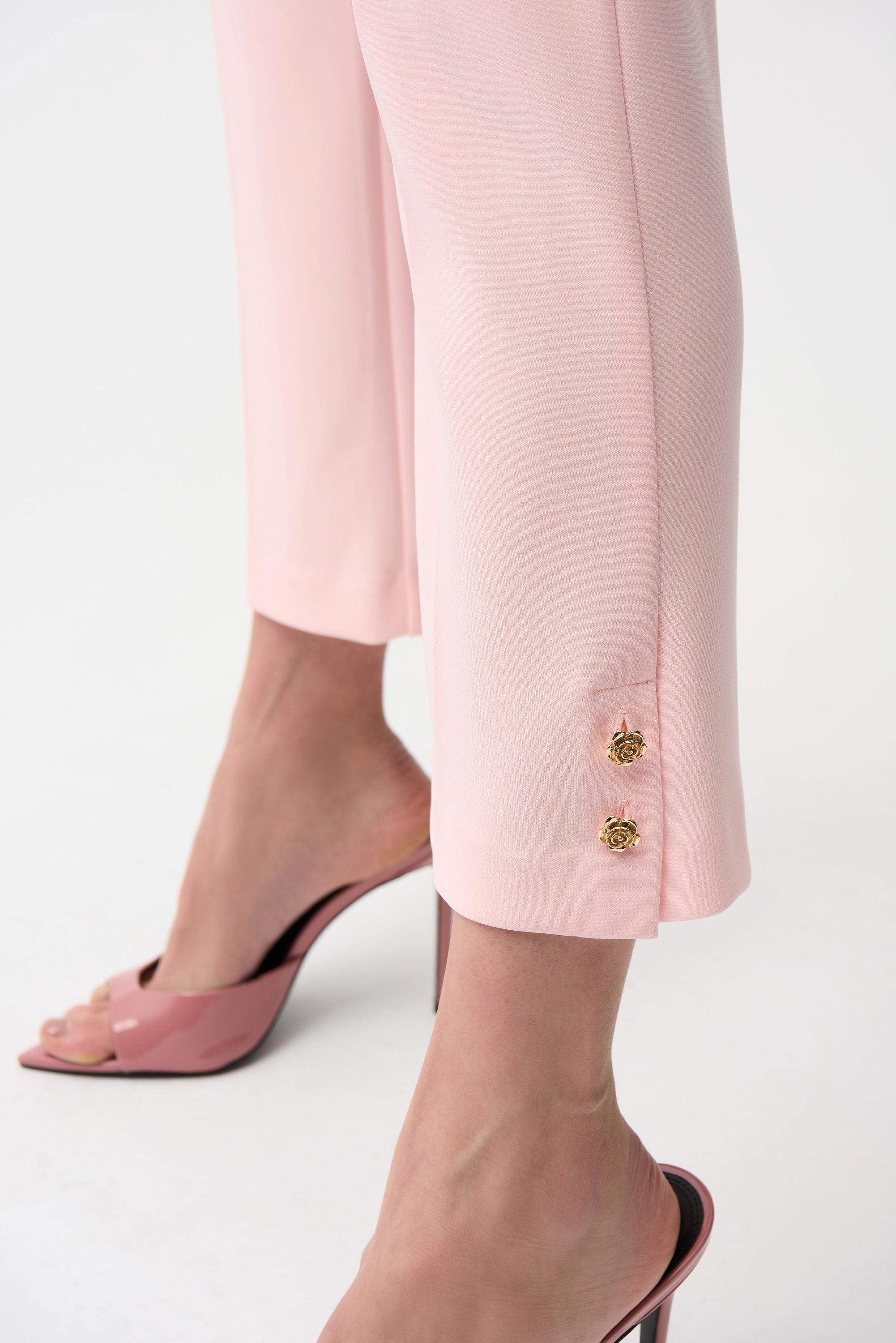 Joseph Ribkoff 261254 Silky Pink Knit Crop Pull-On Pants With Gold Buttons