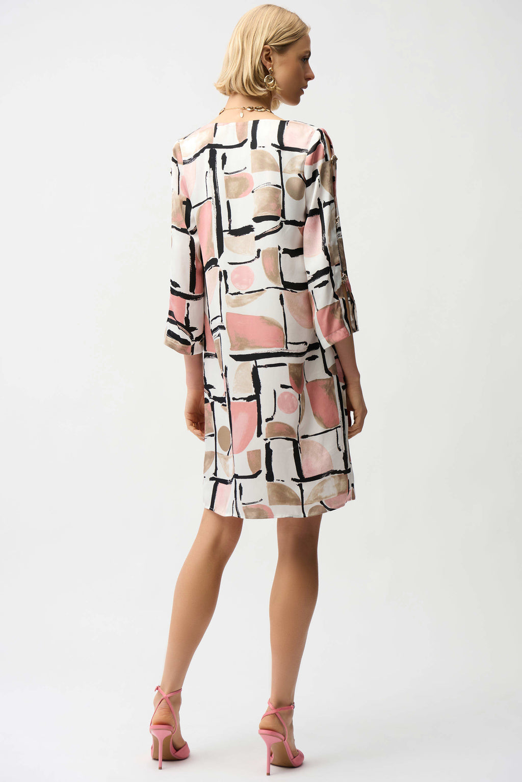 Joseph Ribkoff 261258 Recycled Satin Abstract Print Trapeze Dress With Gold Detail