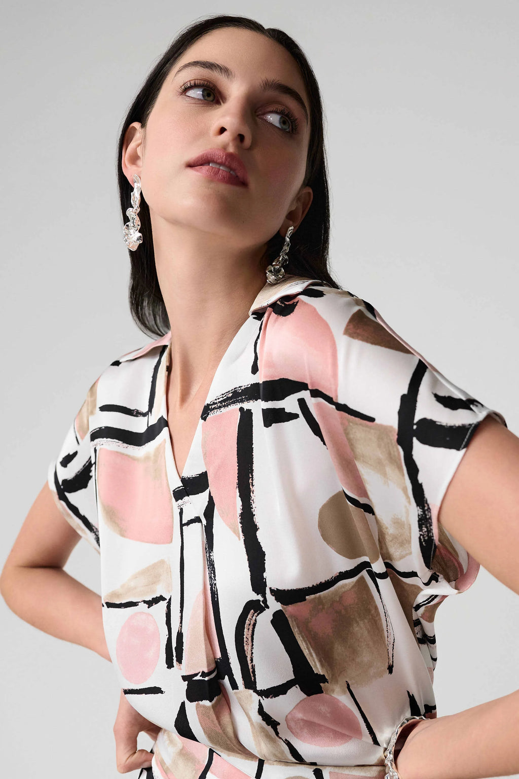 Joseph Ribkoff 261308 Pink Recycled Satin Abstract Print Boxy Top With V Neckline