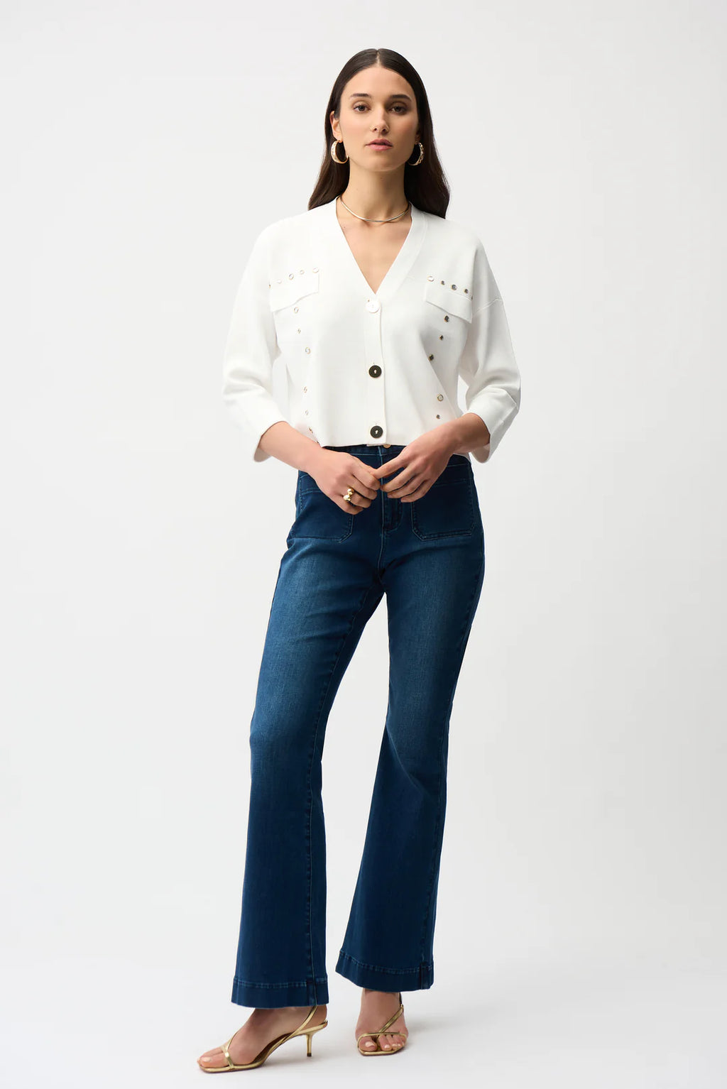 Joseph Ribkoff 261918 Vanilla Gold Studded cropped Cardigan