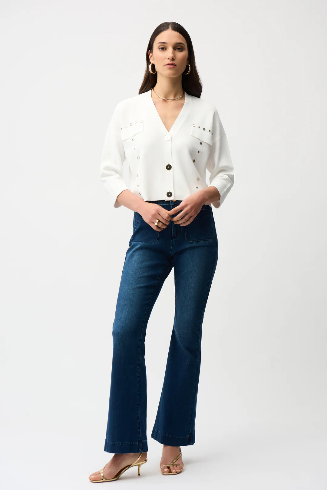 Joseph Ribkoff 261918 Vanilla Gold Studded cropped Cardigan