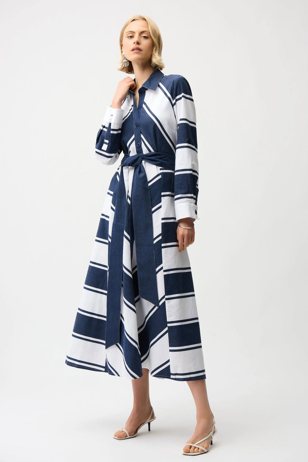Joseph Ribkoff 261936 Navy/White Striped Belted A Line Dress