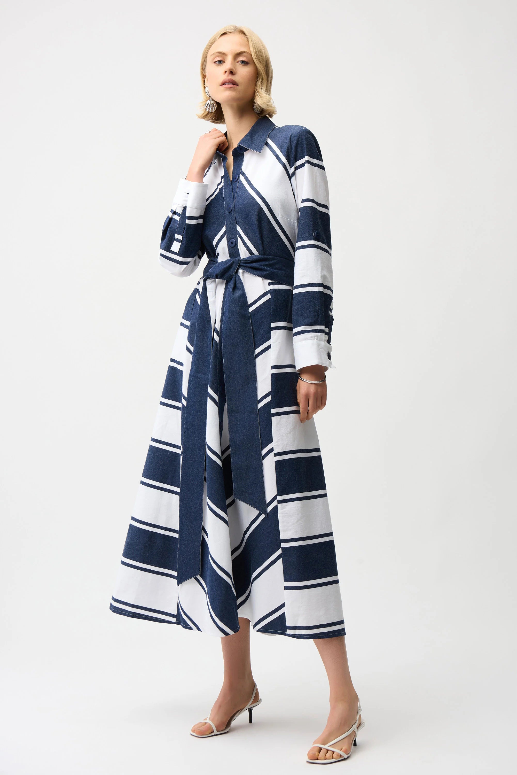 Joseph Ribkoff 261936 Navy/White Striped Belted A Line Dress