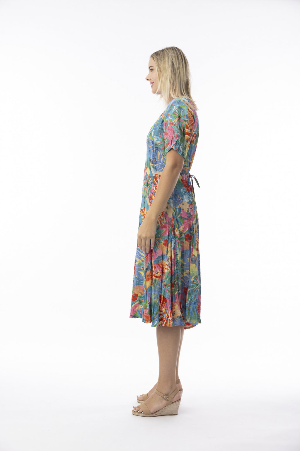 Orientique 30175 Malvinas Multi Colour Print Short Slevess Godet Dress