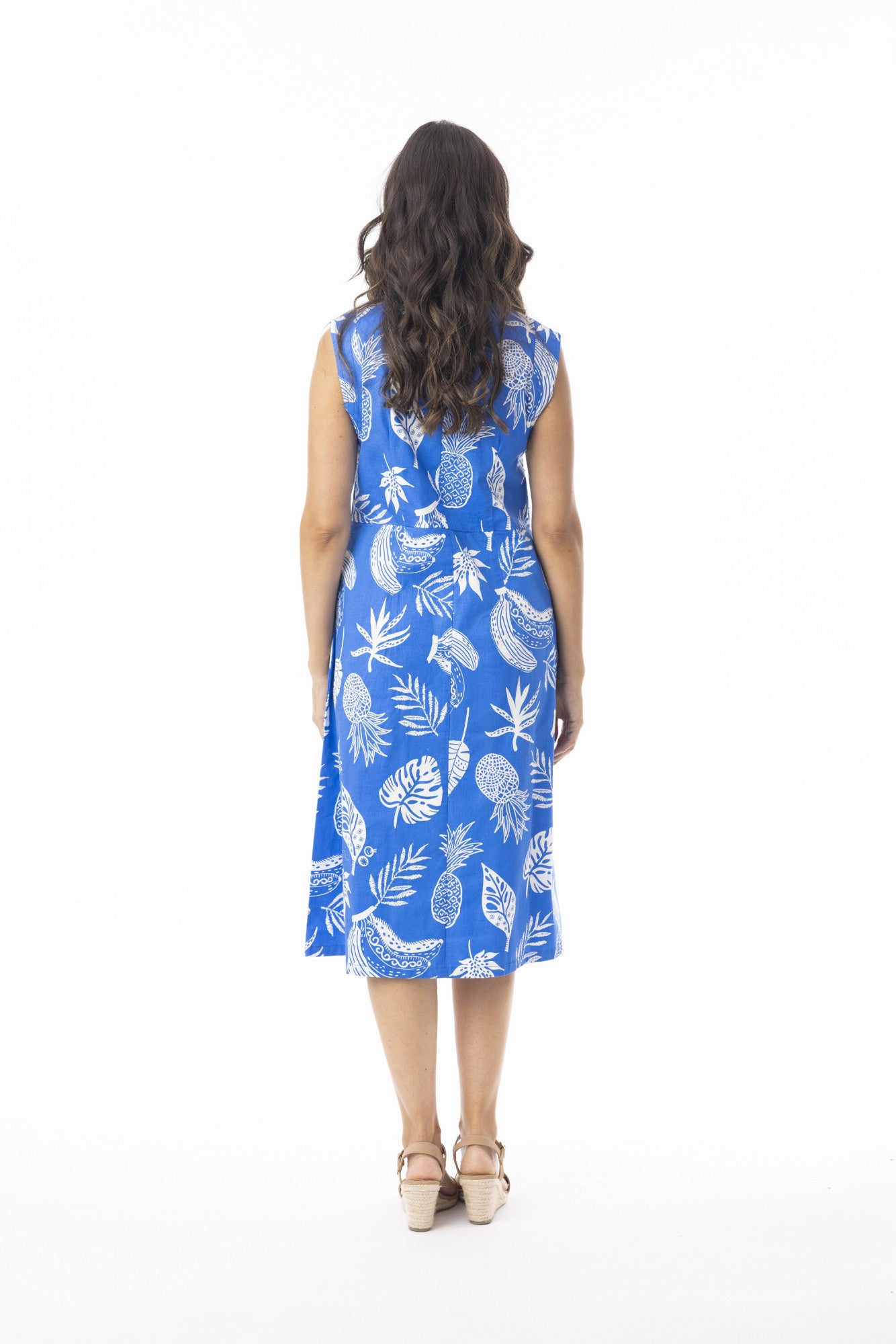 Orientique 10062 Comodoro Blue Sleeveless Pleated Tropical Pattern Midi Dress