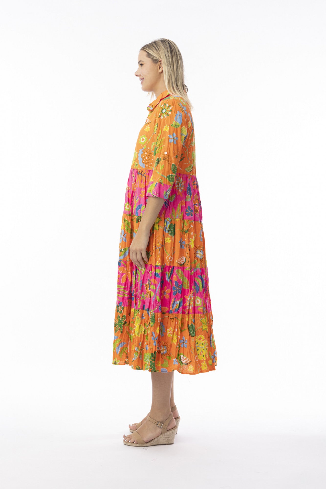 Orientique 10080 Miraflores Print Multi Colour Maxi Collar 3/4 Sleevess Dress