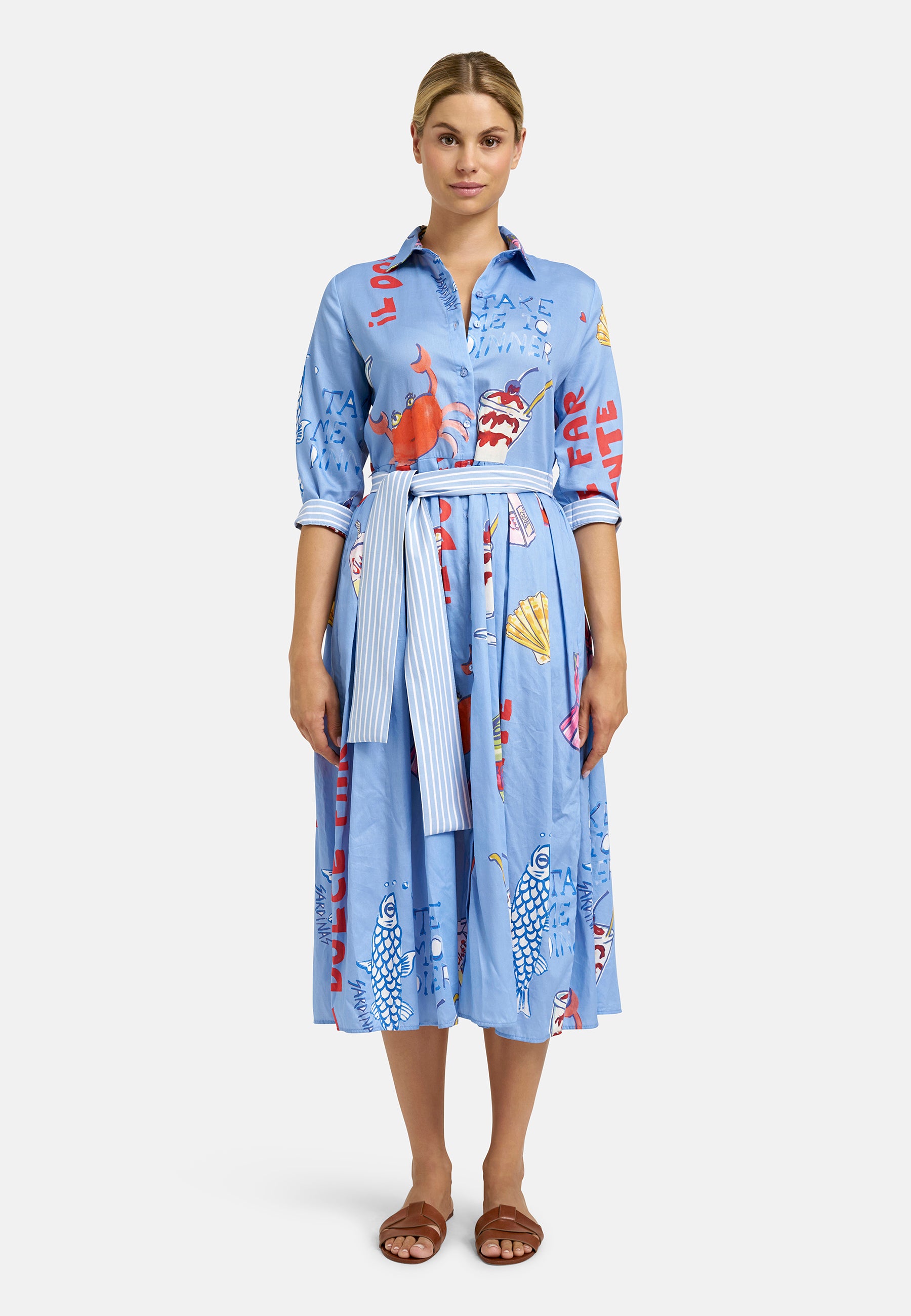Milano Italy 1371 Ocean Blue Print Shirt Dress With Wide Midi Skirt