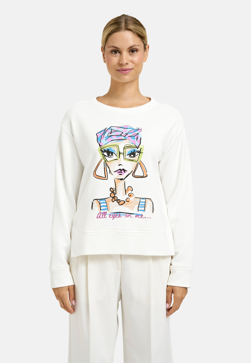 Milano Italy 8702 Off-white Colorful Lady Graphic Print Round Neck Long Sleeves Sweatshirt