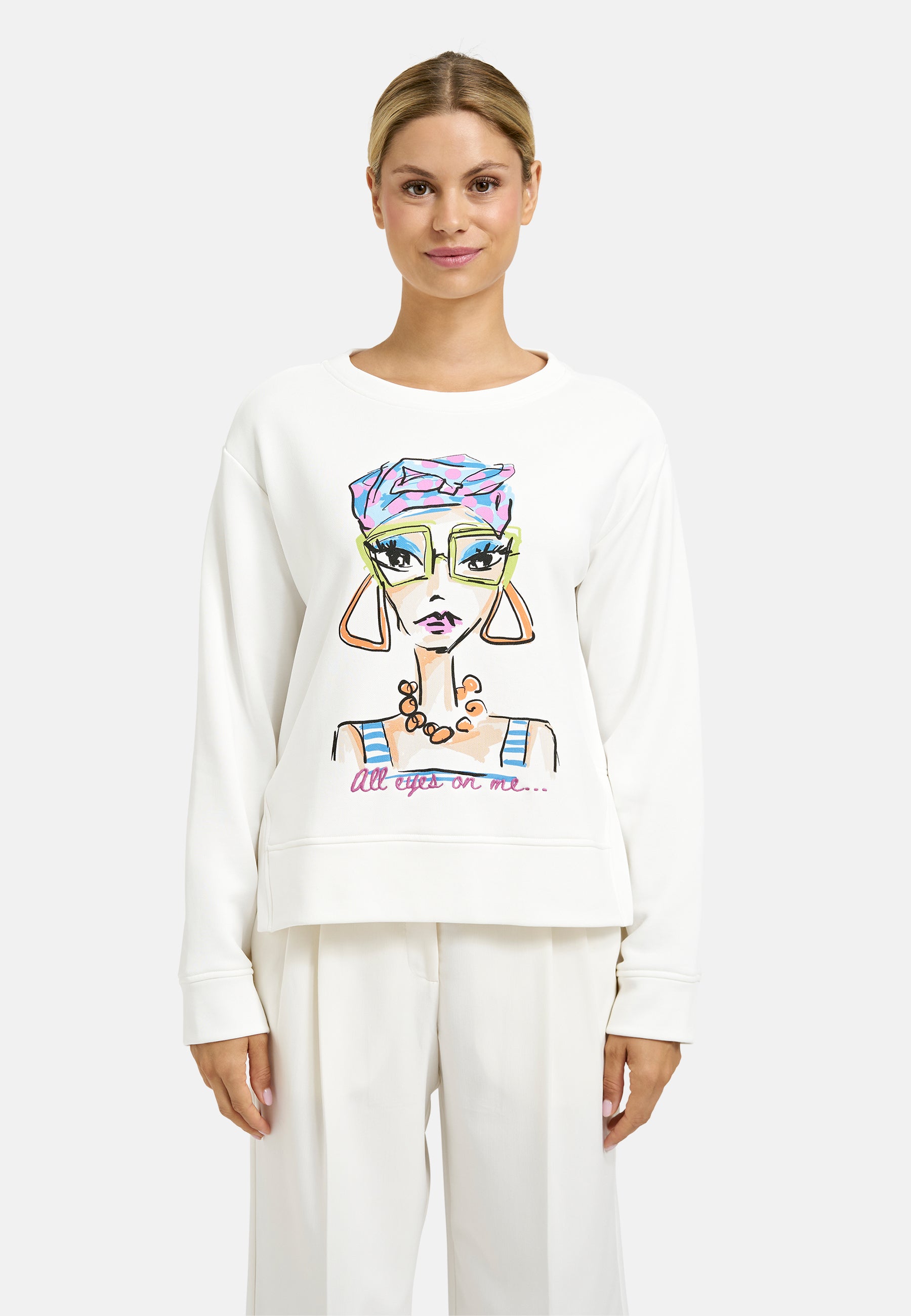 Milano Italy 8702 Off-white Colorful Lady Graphic Print Round Neck Long Sleeves Sweatshirt