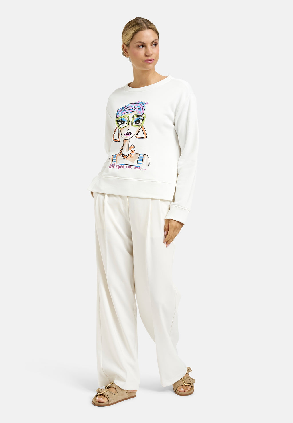 Milano Italy 8702 Off-white Colorful Lady Graphic Print Round Neck Long Sleeves Sweatshirt