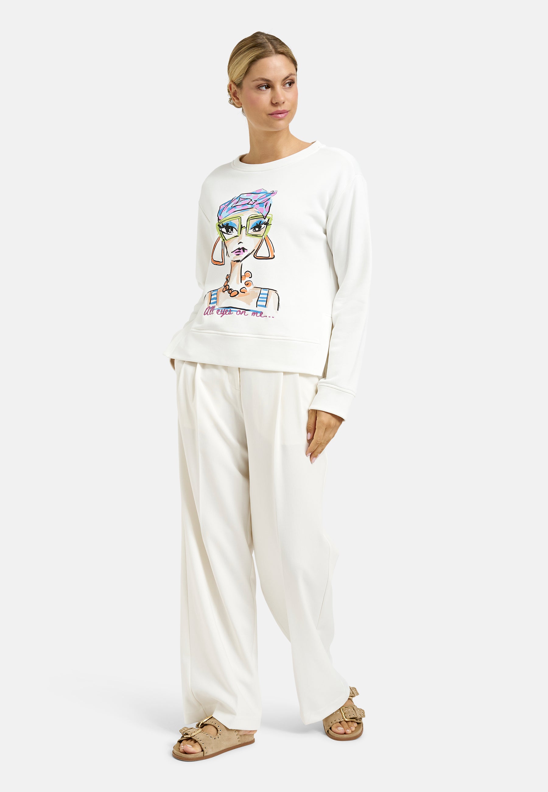 Milano Italy 8702 Off-white Colorful Lady Graphic Print Round Neck Long Sleeves Sweatshirt
