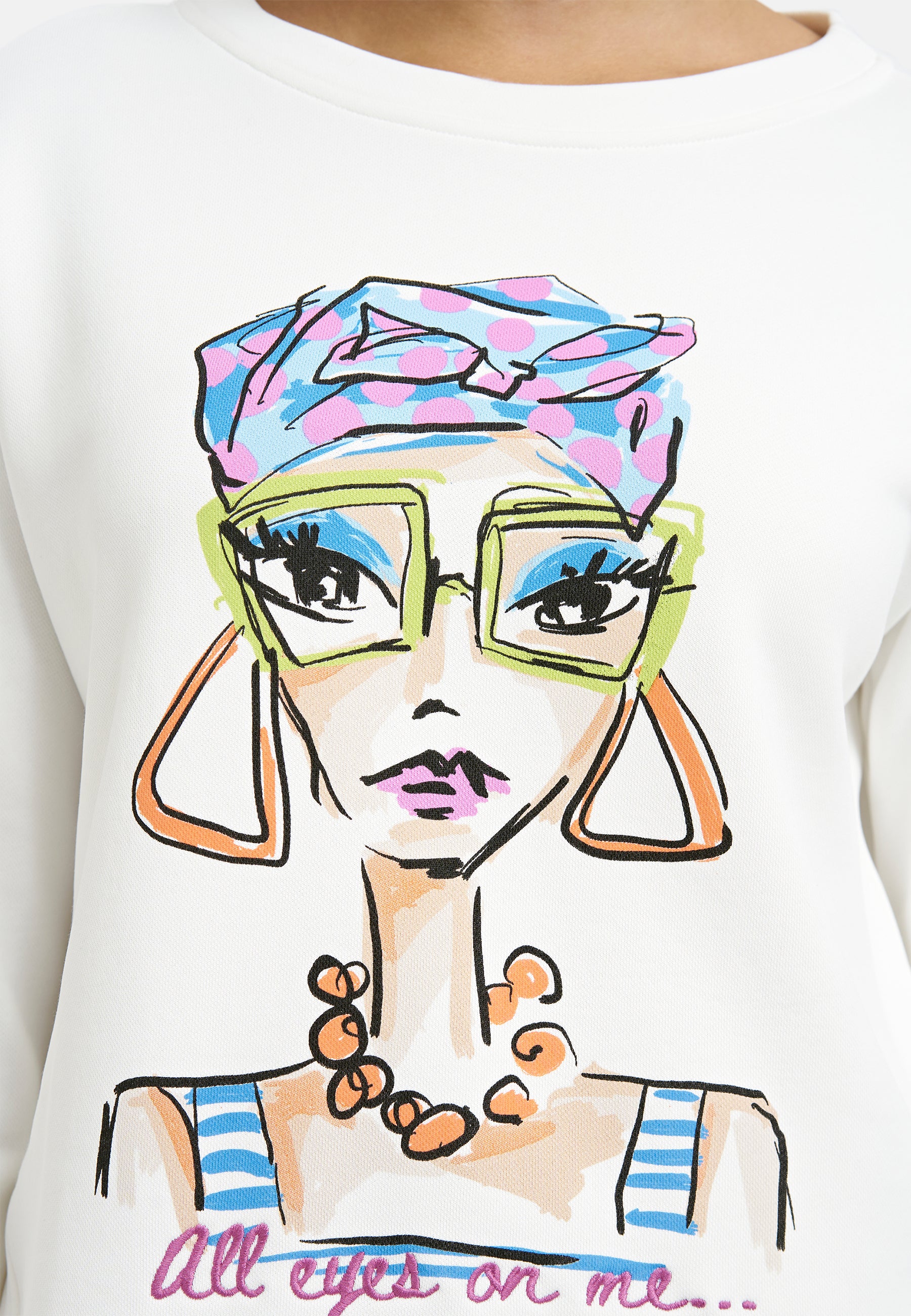 Milano Italy 8702 Off-white Colorful Lady Graphic Print Round Neck Long Sleeves Sweatshirt