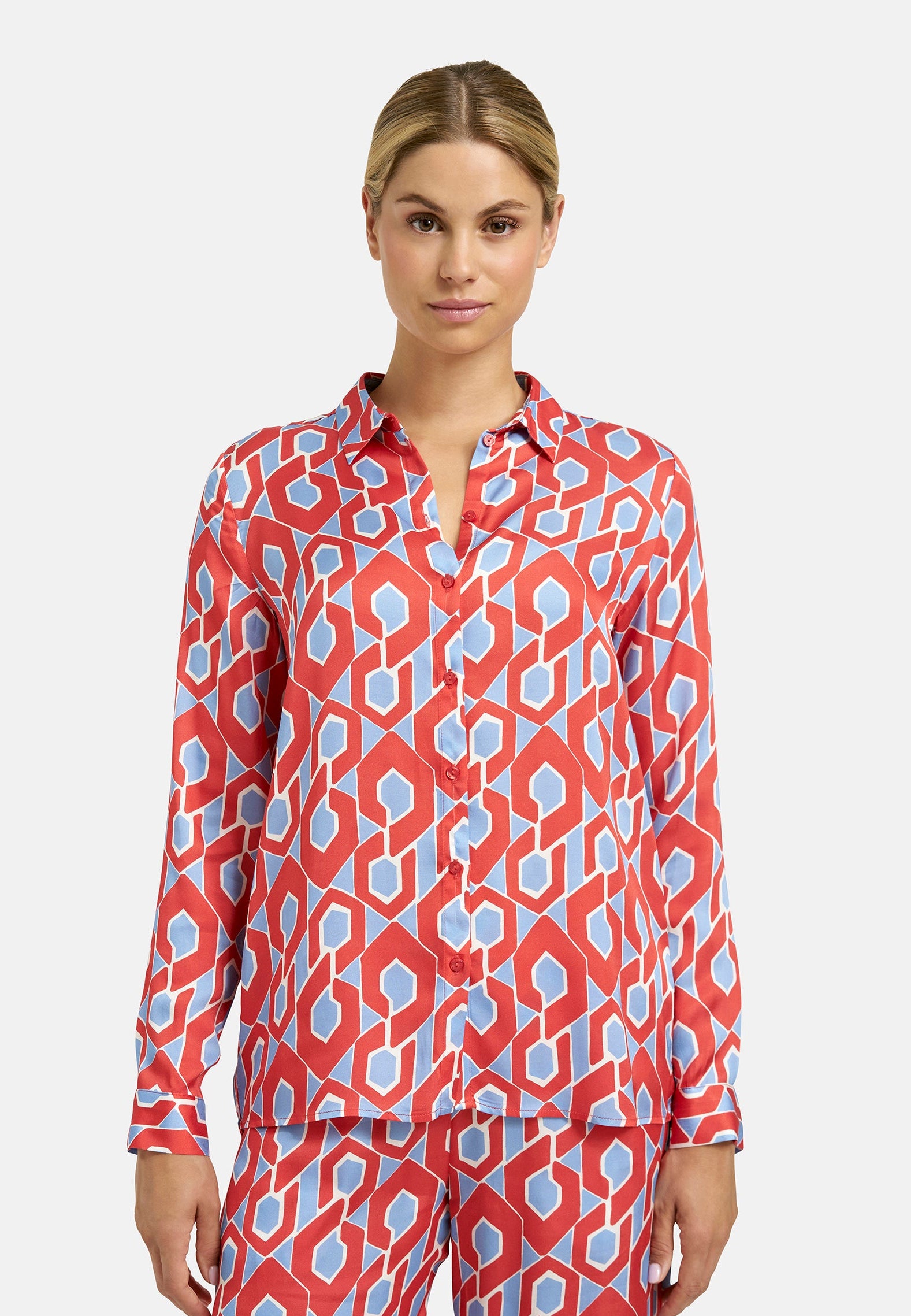 Milano Italy 3655 Red and Blue Printed Long Sleeves Collar Shirt Blouse