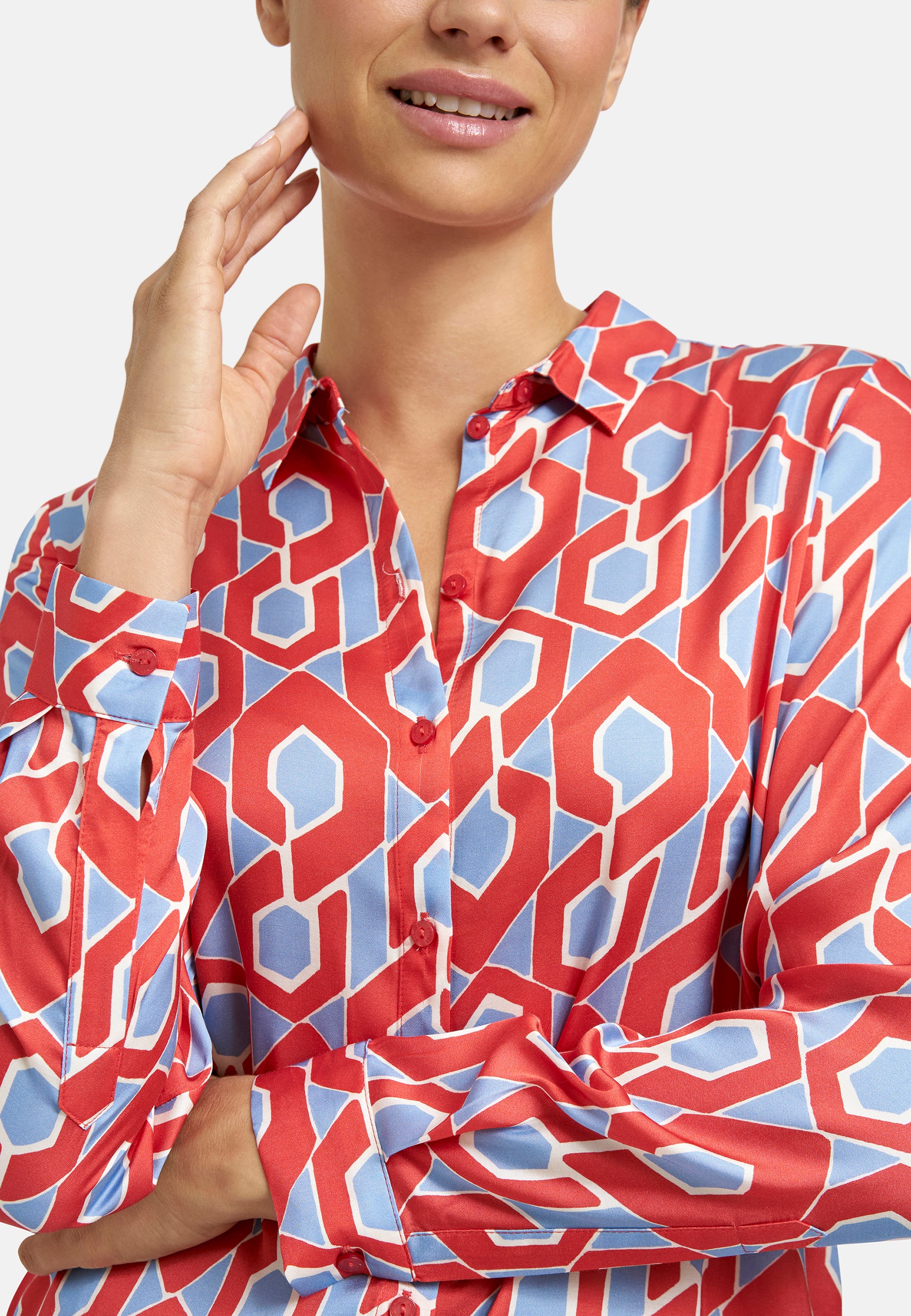 Milano Italy 3655 Red and Blue Printed Long Sleeves Collar Shirt Blouse