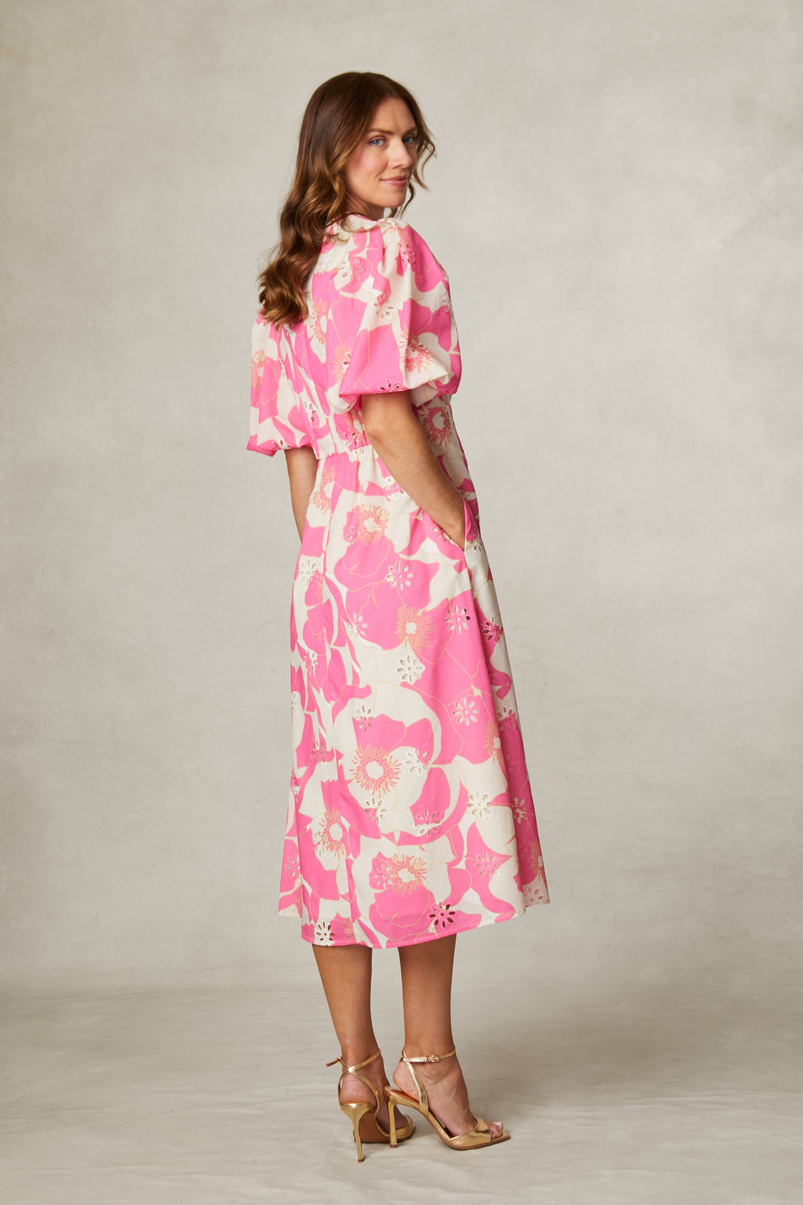 Fee G Knot Front Hot Pink Floral and Broderie Anglais Dress 839Y