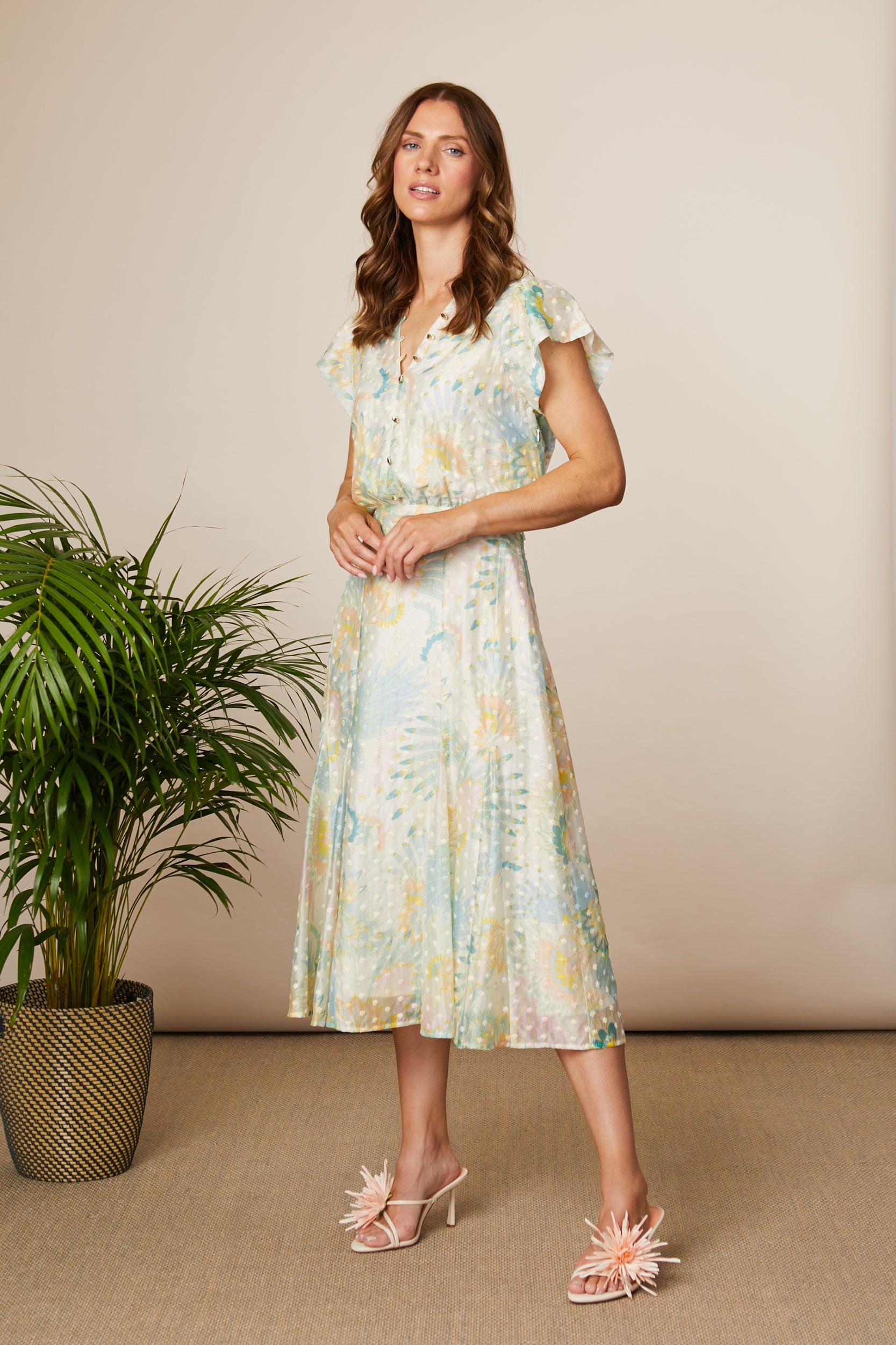 Fee G Pastel Printed Floral Satin Midi Dress with Button Detail 866Y