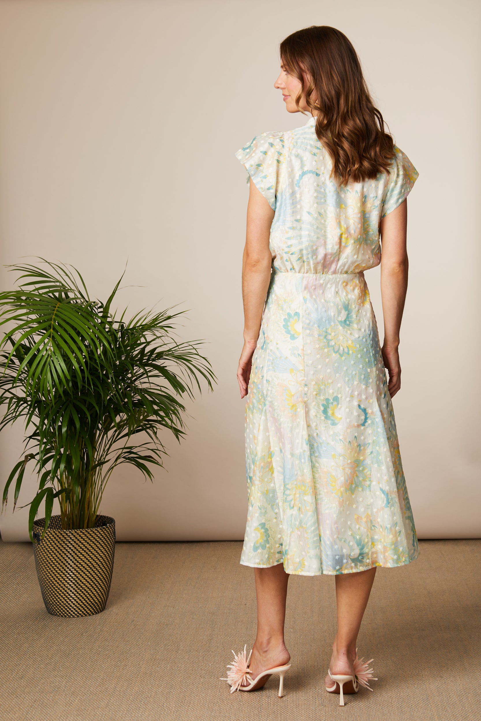 Fee G Pastel Printed Floral Satin Midi Dress with Button Detail 866Y
