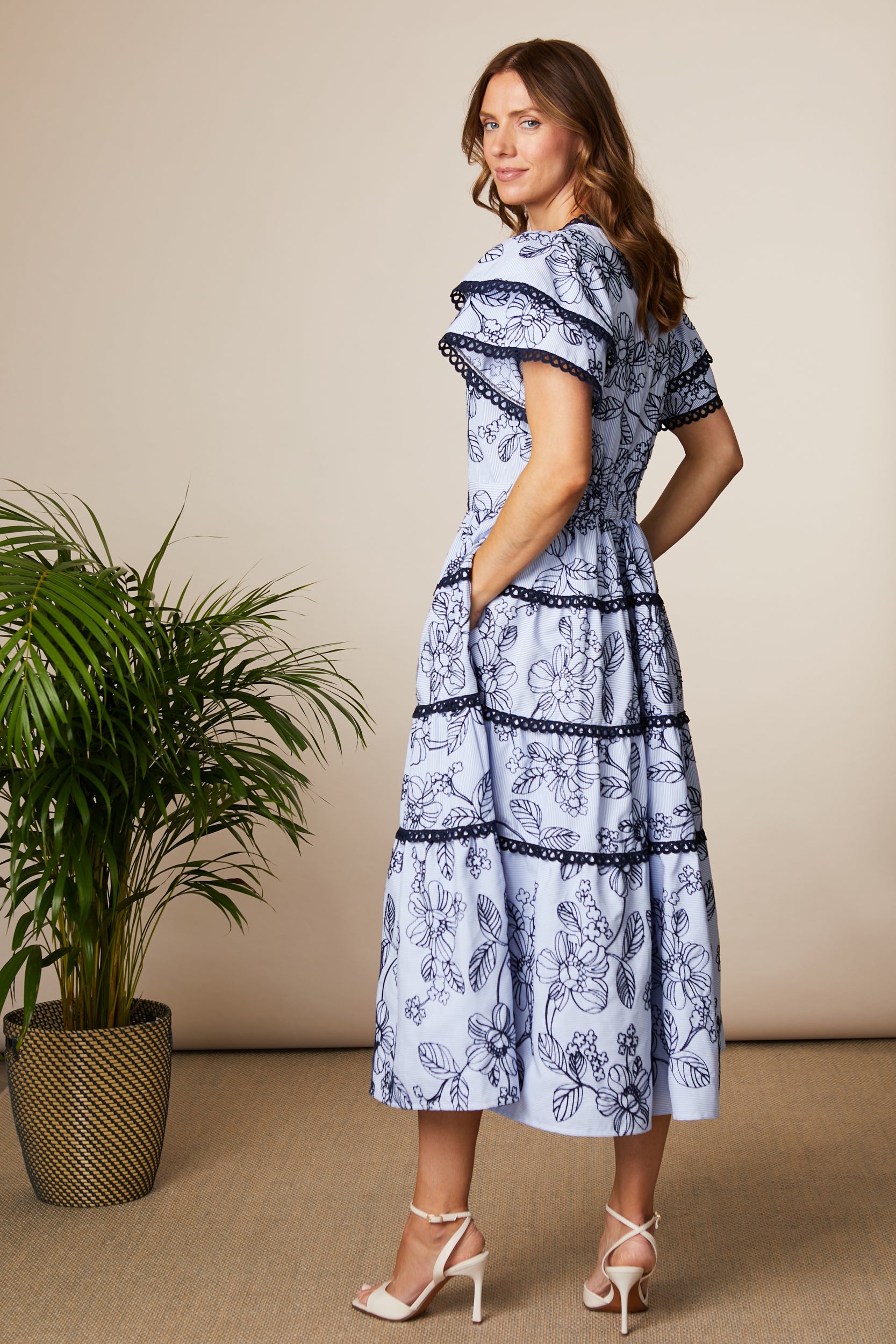 Fee G Lyra Ric-Rac Tiered Maxi Dress With Blue Stripes 873Y