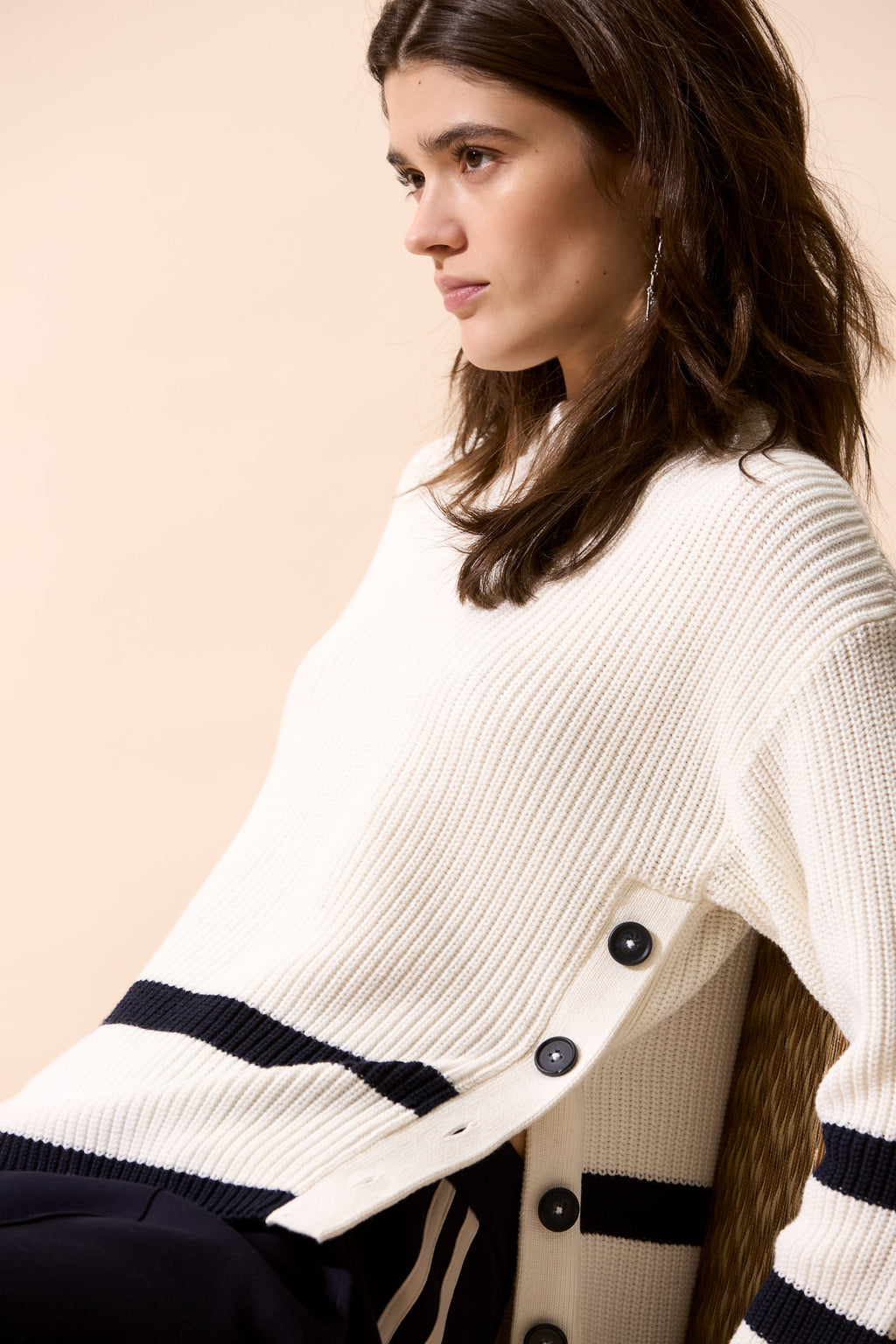 Oui - Winter White Jumper with Navy Stripe