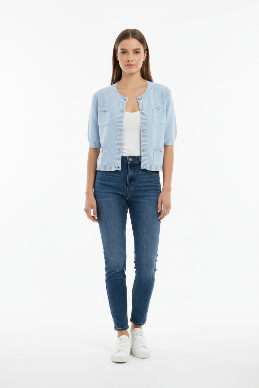 Oui 96613 Celestrial Blue Chunky Knit Fitted Cardigan