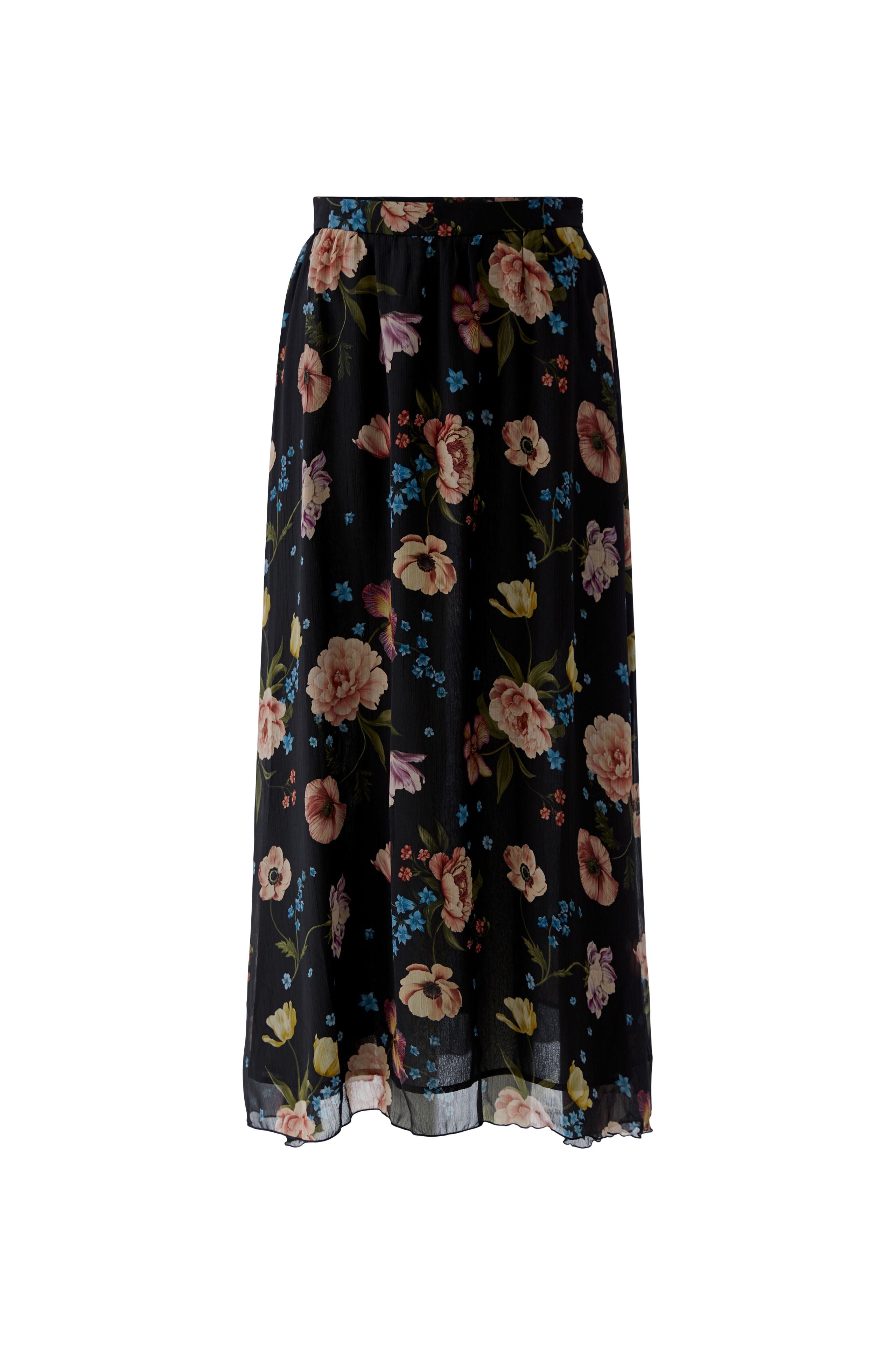 Oui 96651 Printed Black And Red Floral Chiffon Maxi Skirt