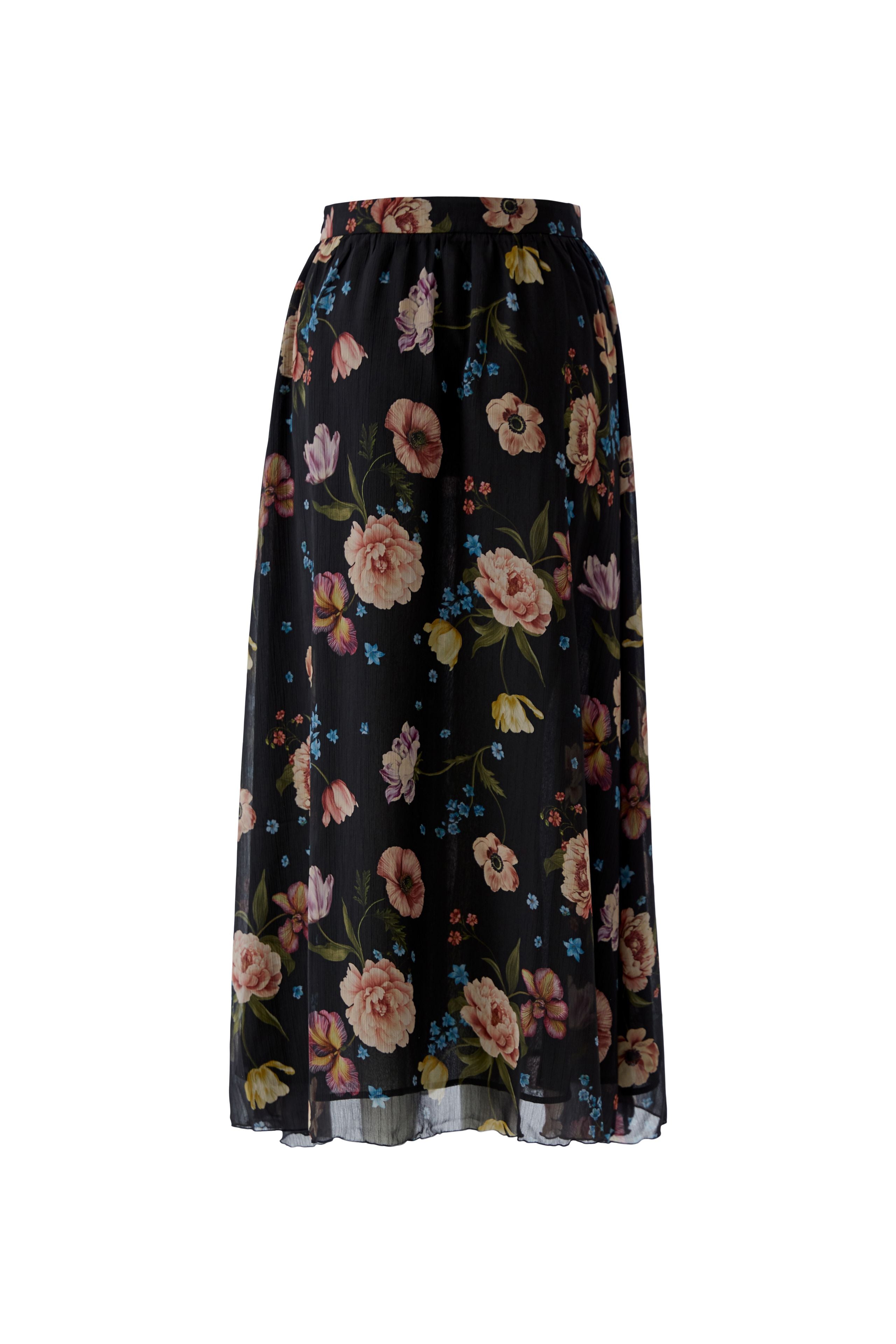 Oui 96651 Printed Black And Red Floral Chiffon Maxi Skirt