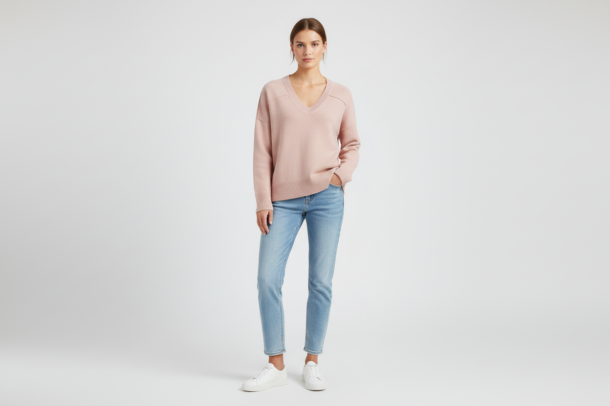 Oui 96752 Rose Pink V Neck Cotton Jumper