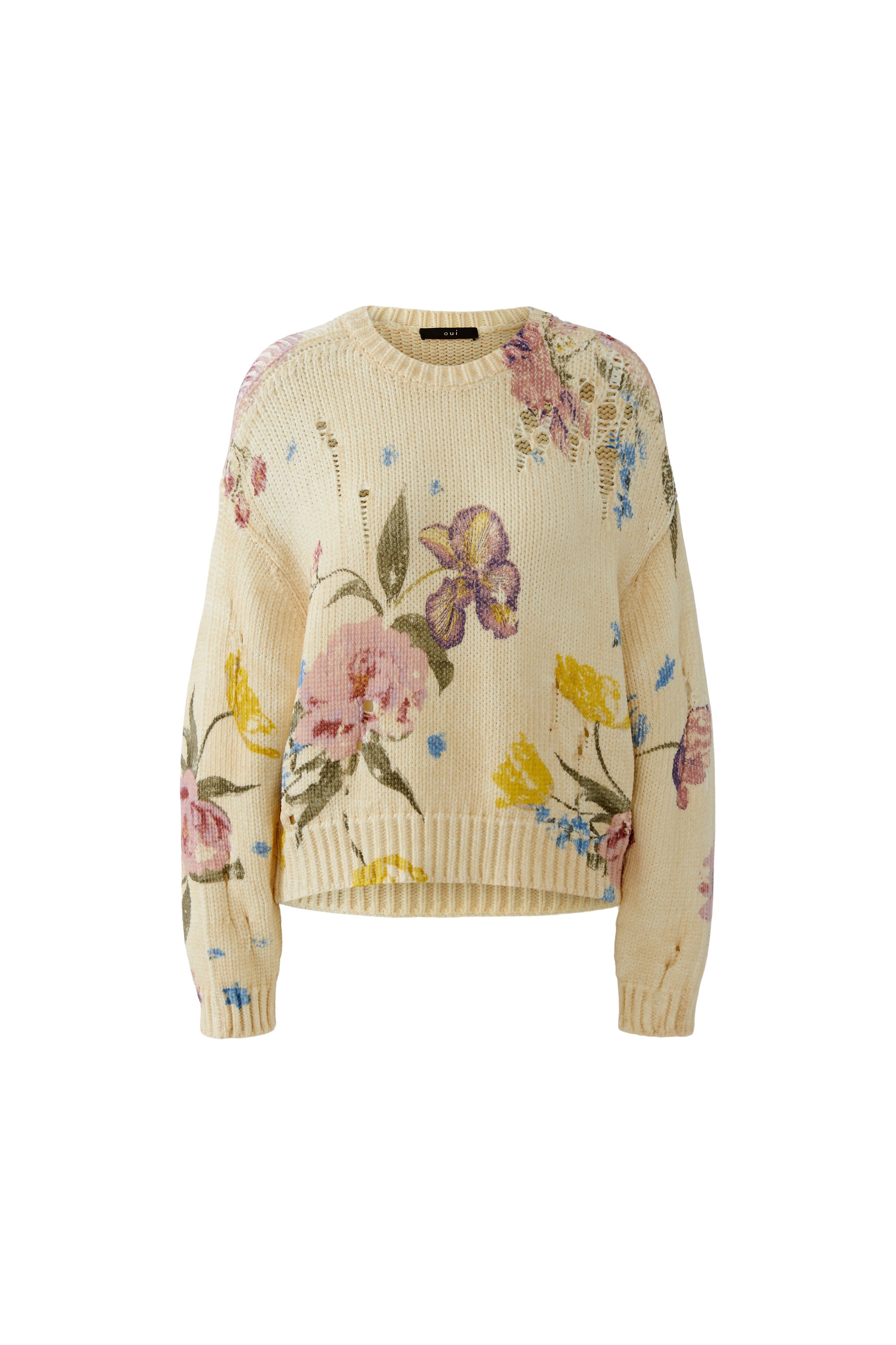Oui 96776 Floral Printed Off-White Cotton Jumper