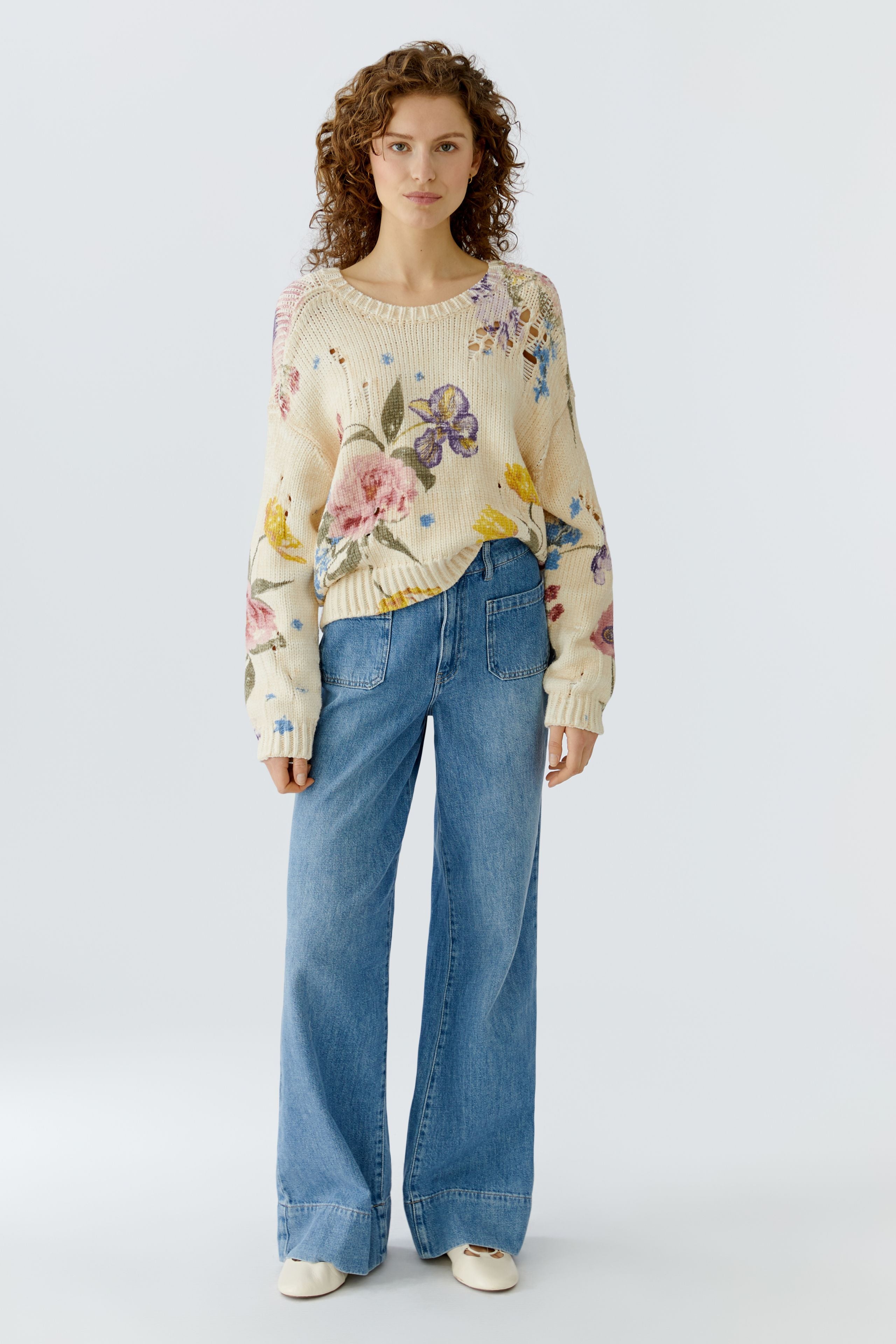 Oui 96776 Floral Printed Off-White Cotton Jumper