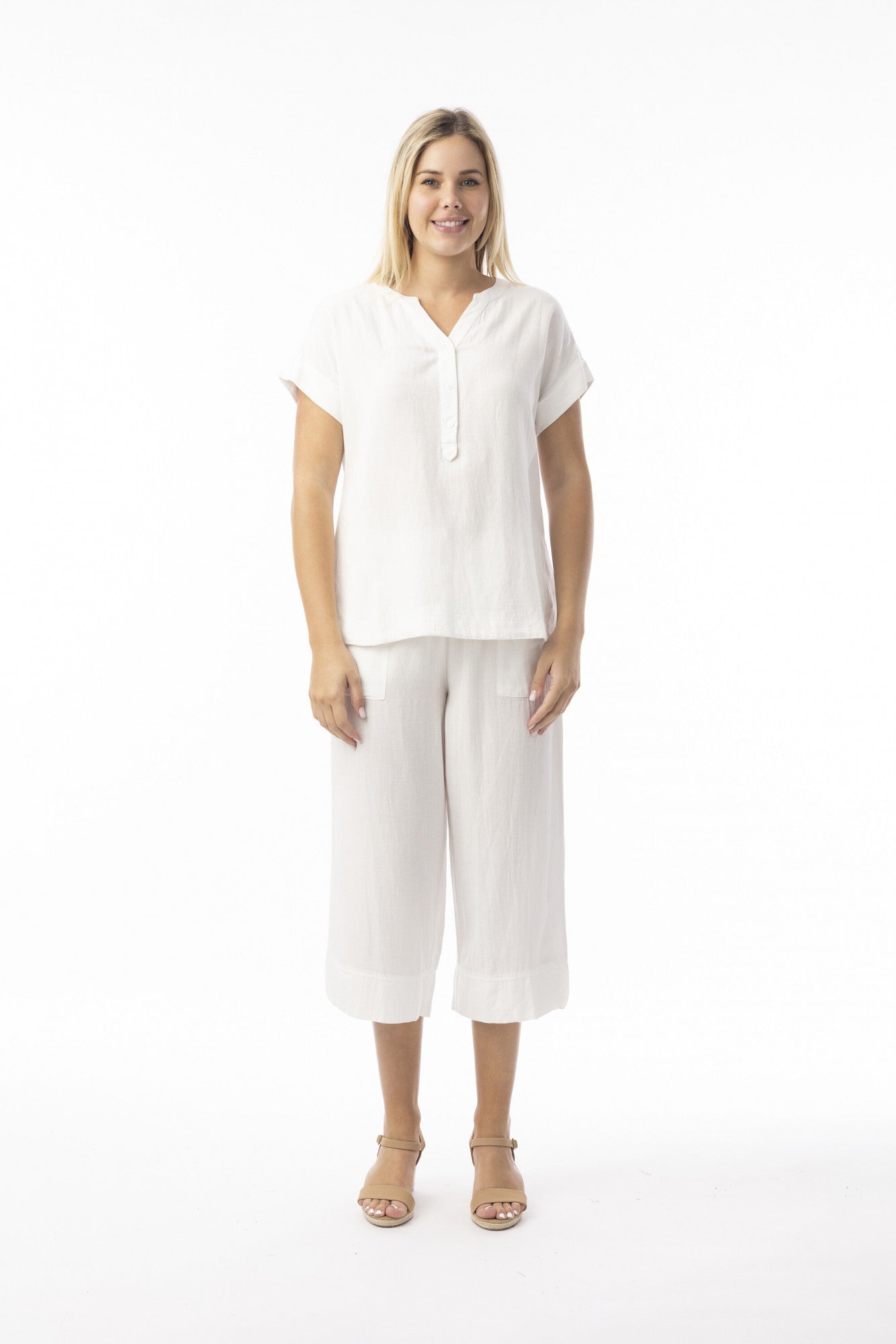 Orientique 62772 Essentials Short Sleeve V Neck Top With Buttons