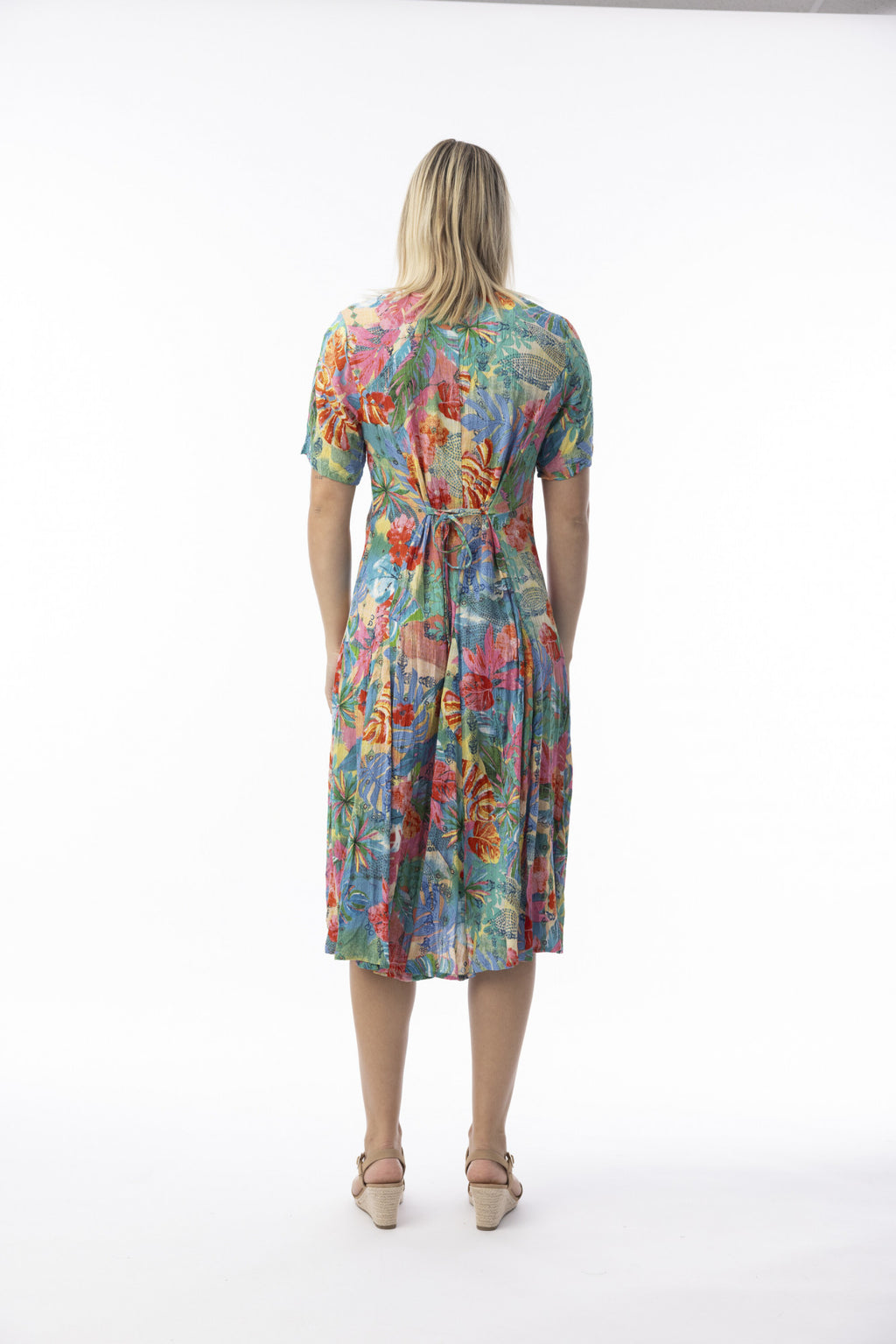 Orientique 30175 Malvinas Multi Colour Print Short Slevess Godet Dress