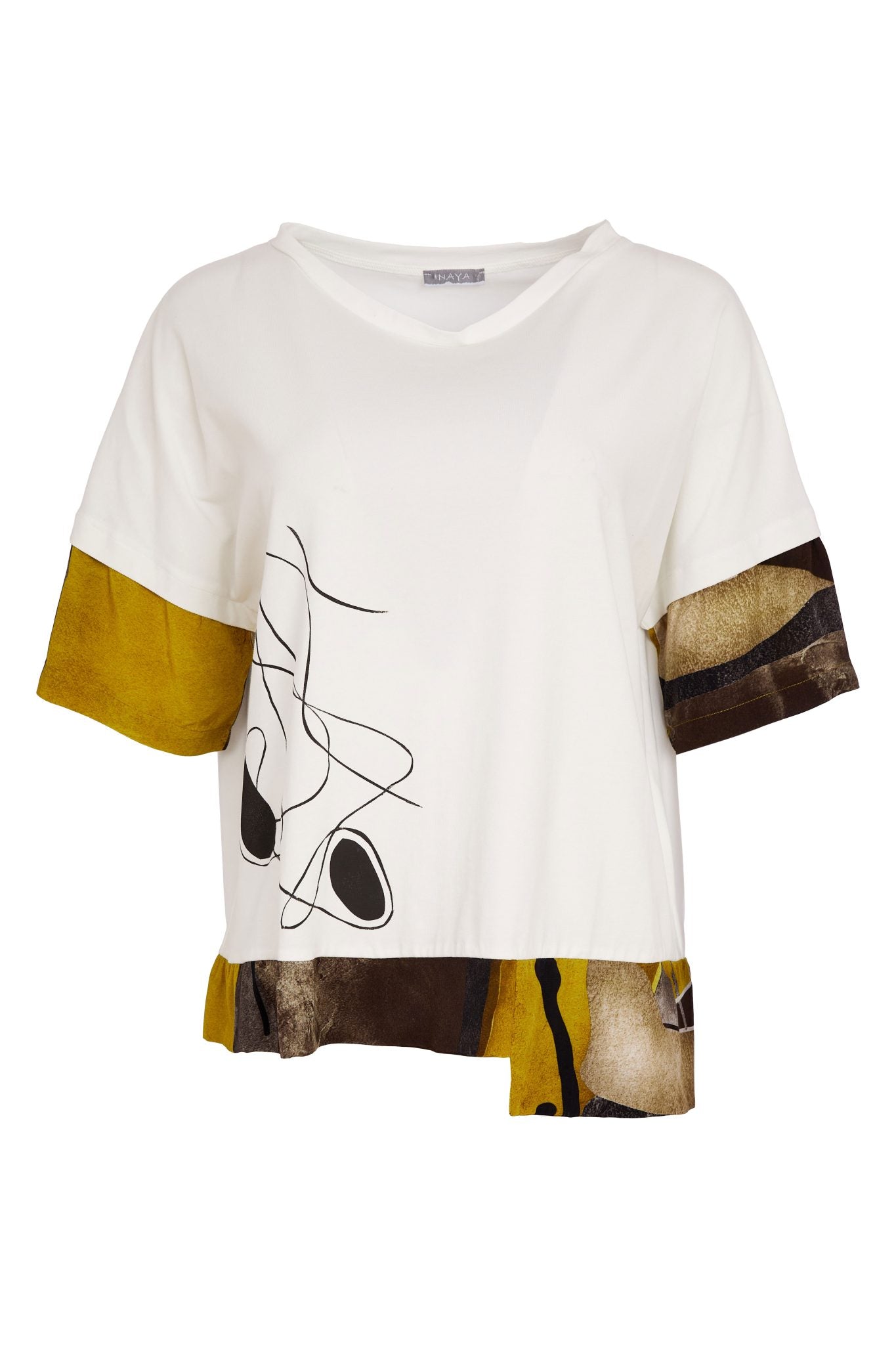 Naya Placement Print Top With Contrast Print Cuff And Hemline 262