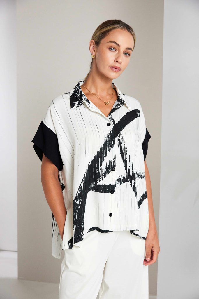 Naya Brush Stroke Print Blouse With Contrast Cuff 318