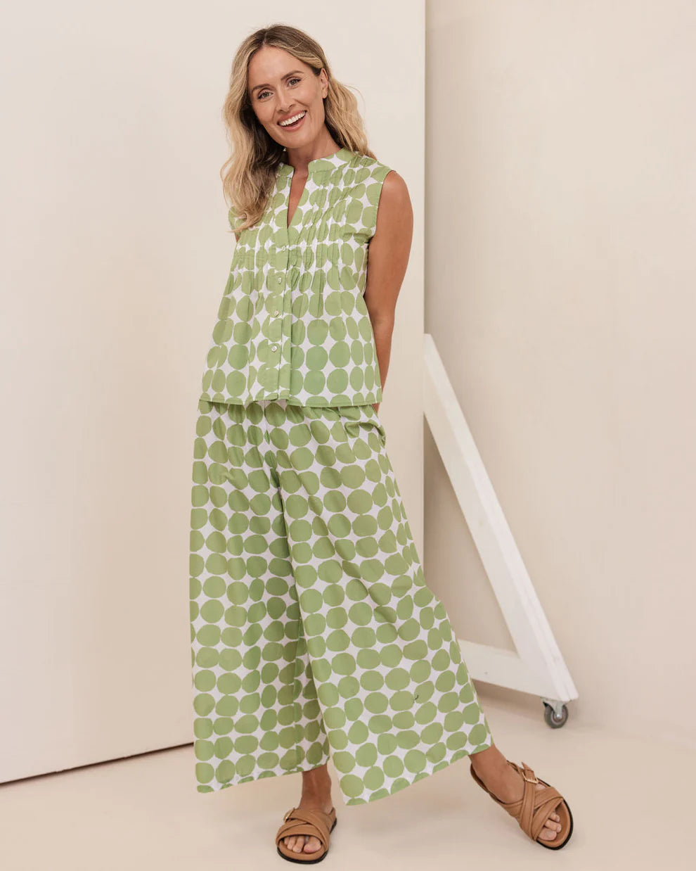See Saw Cotton Spot Sheered Waist Pistachio Trouser 509