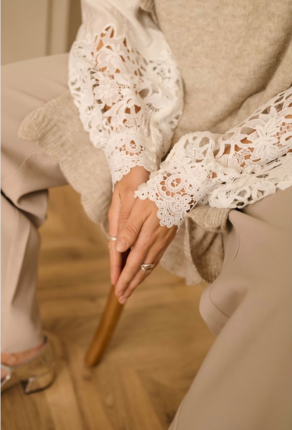 Cream - Crochet Sleeve Blouse