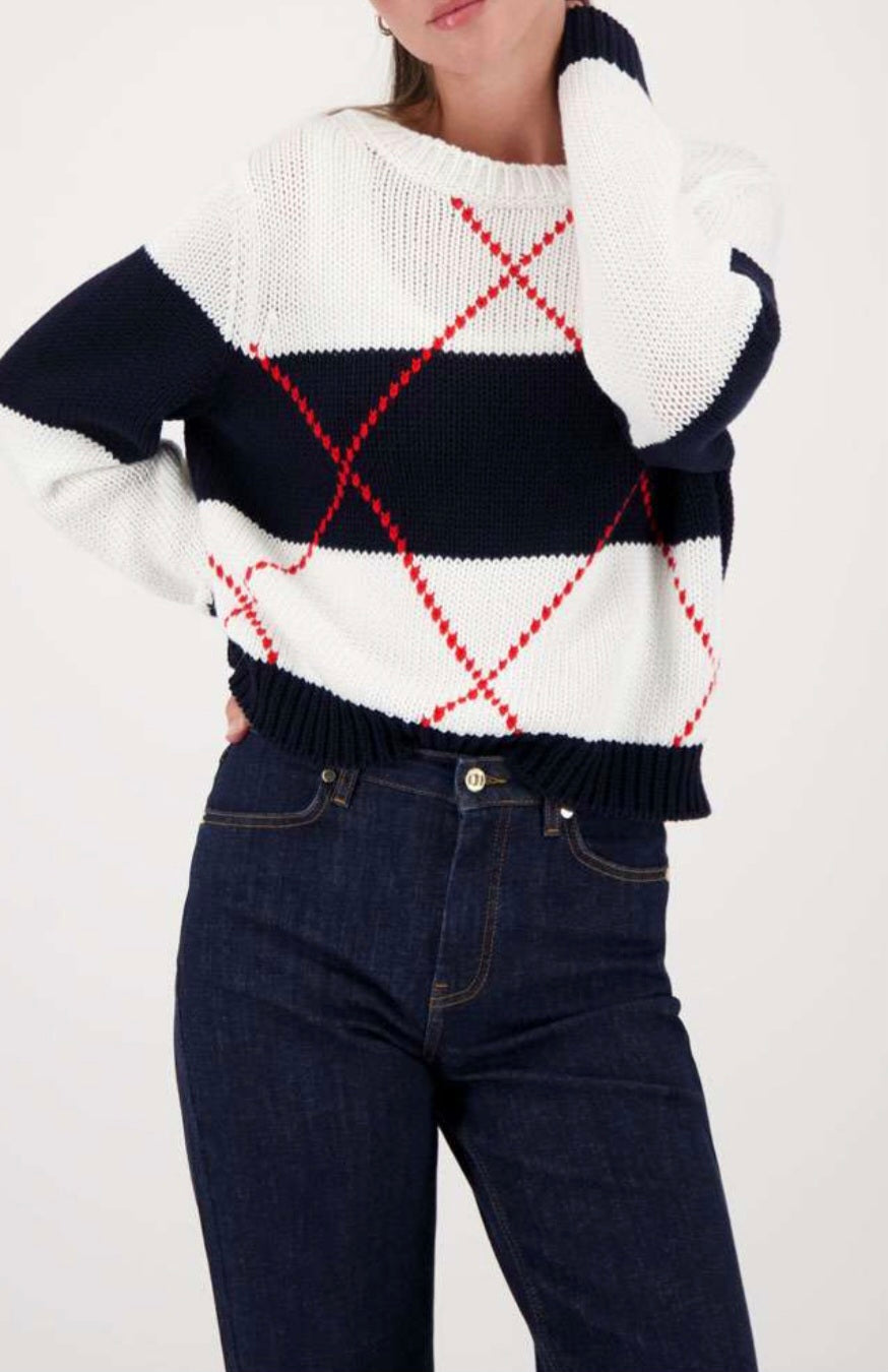 Monari 410218 White/Navy Intarsia Jumper with Marine Pattern