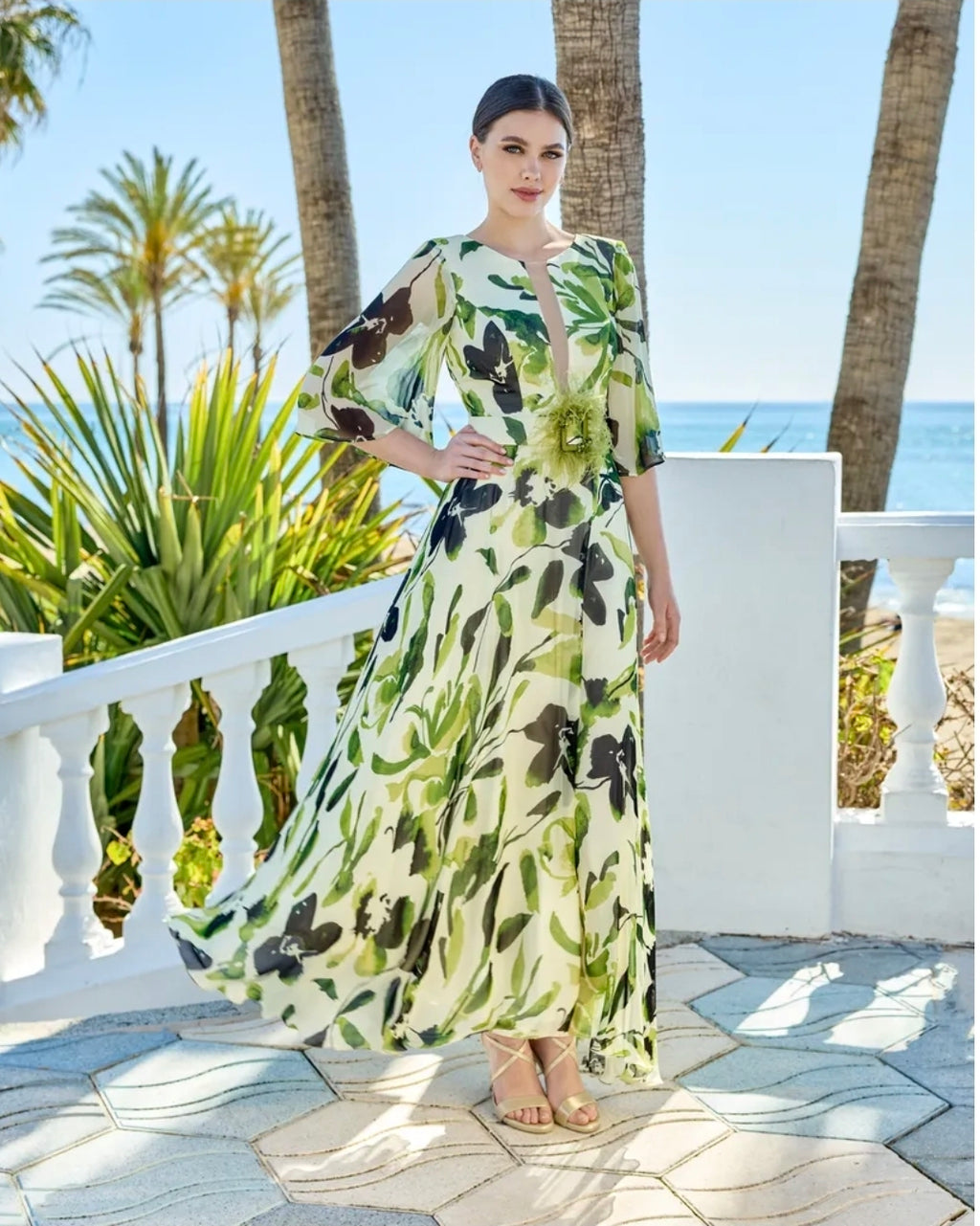 Sonia Pena 1260018 Green Printed Chiffon Maxi Dress