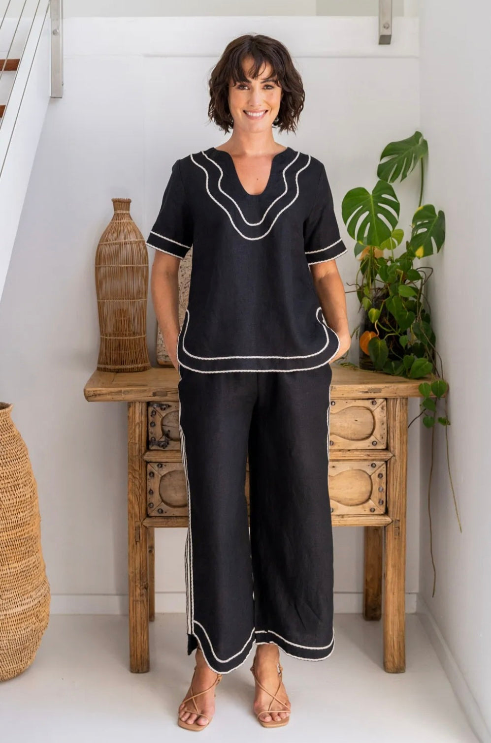 See Saw Black Linen Wide Leg Trouser With White Stitch Detail 368/B
