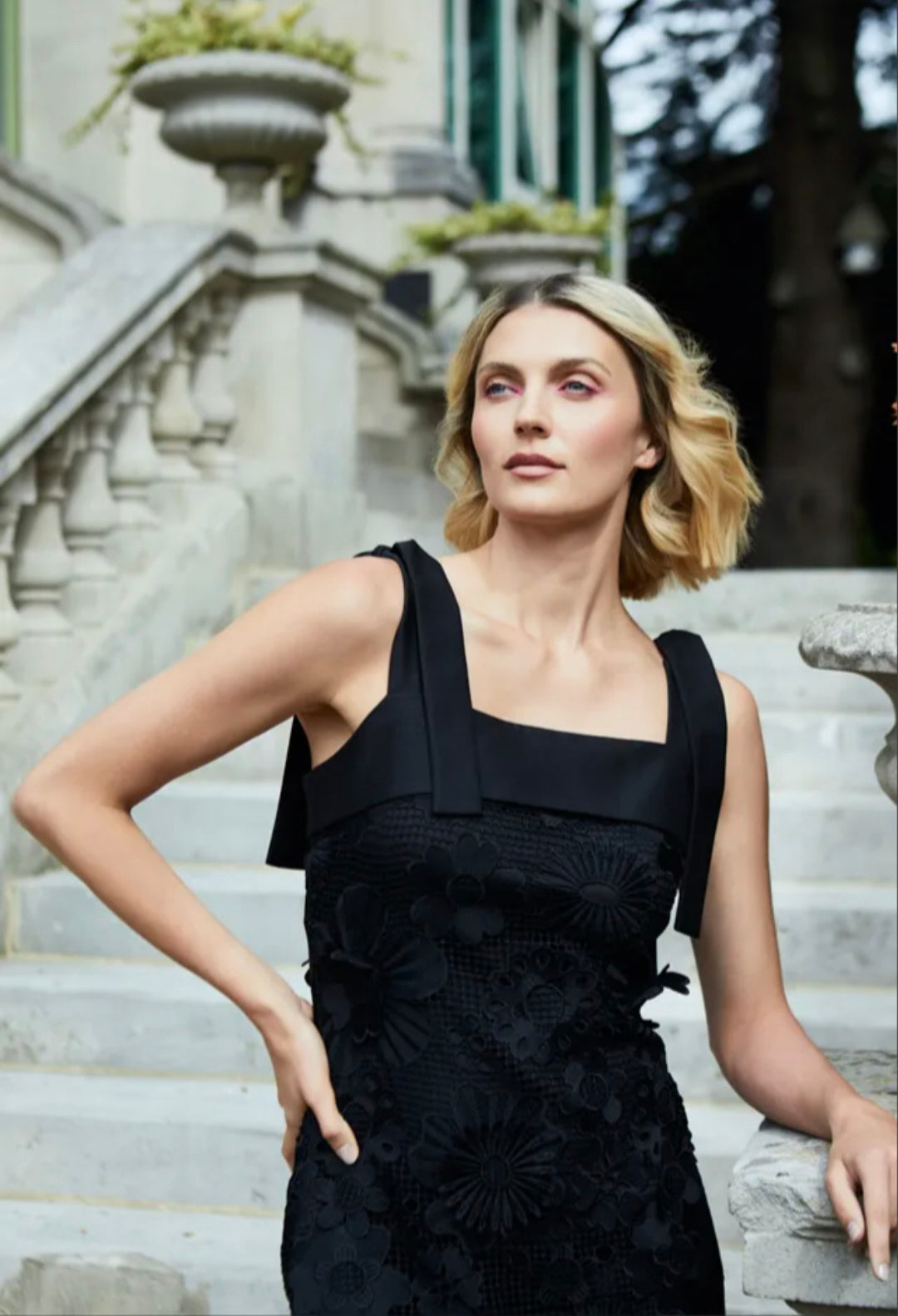 Fee G Heavy Gupuire Lace Fitted Midi Dress With Straps 876b