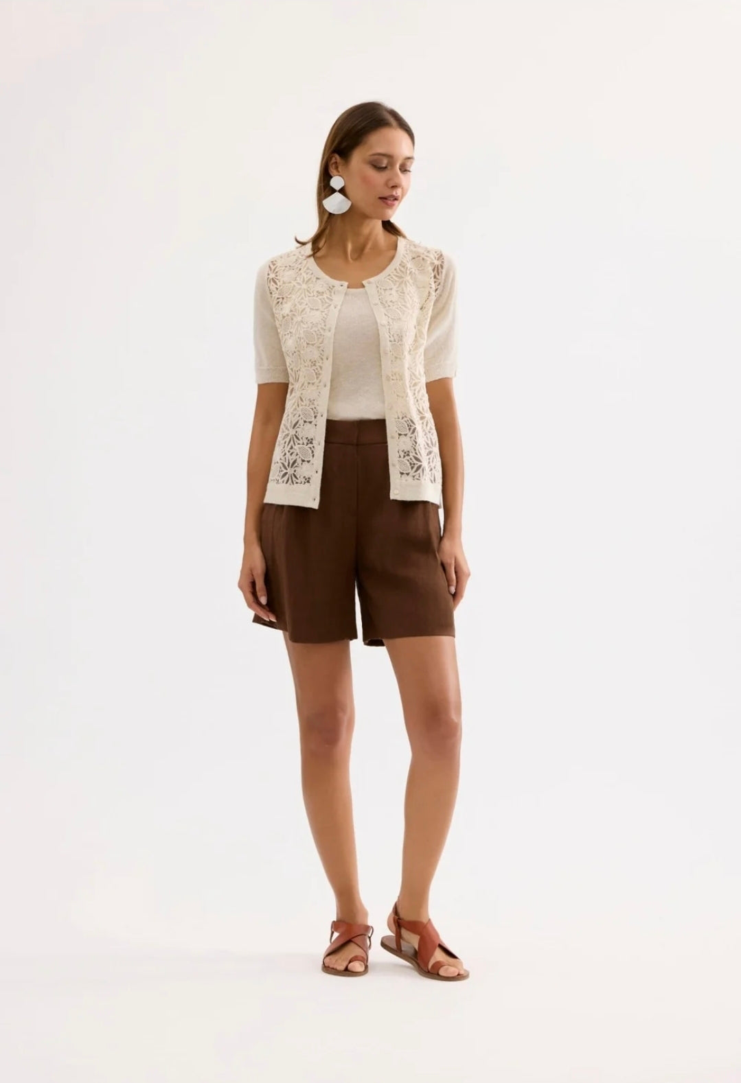 Leo & Ugo BET713 Beige Short Sleeved Round Neck Soft Knit Fabric Twin Seat Cardigan