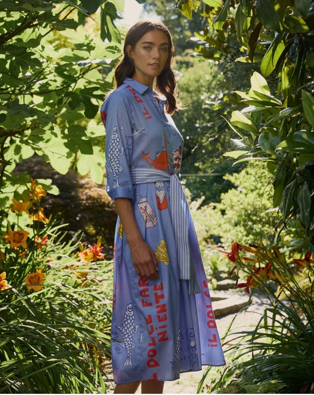 Milano Italy 1371 Ocean Blue Print Shirt Dress With Wide Midi Skirt