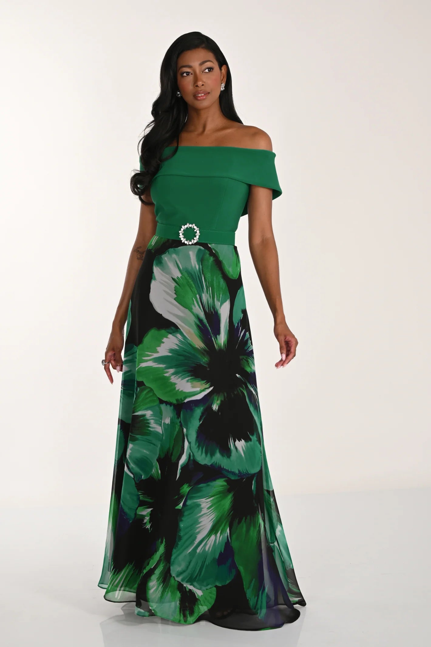Frank Lyman 268266 Forest Green Printed Off-Shoulder Maxi Dress